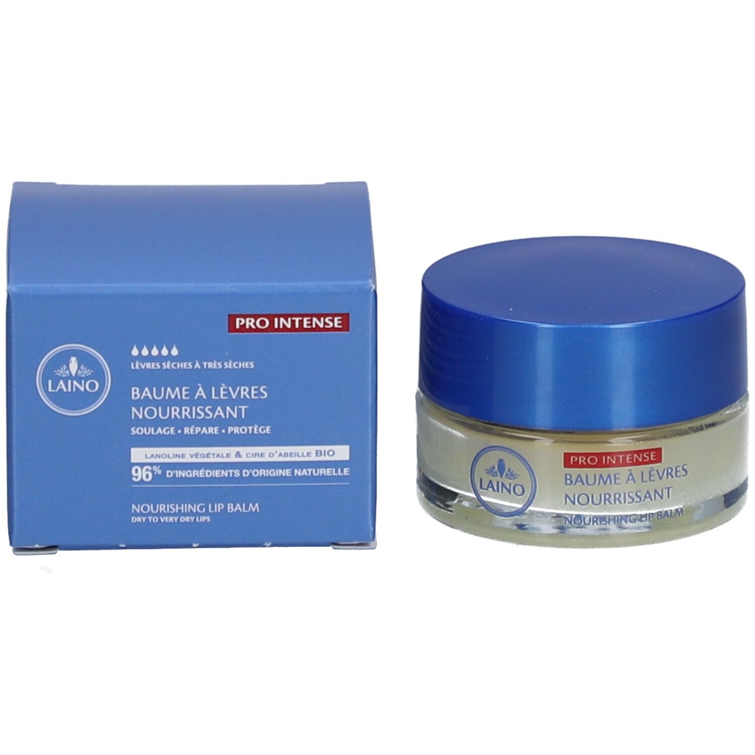 Pot de baume à lèvres avec couvercle bleu et emballage. Inscription : Baume à lèvres nourrissant, Nourishing Lip Balm. Marque : Laino.