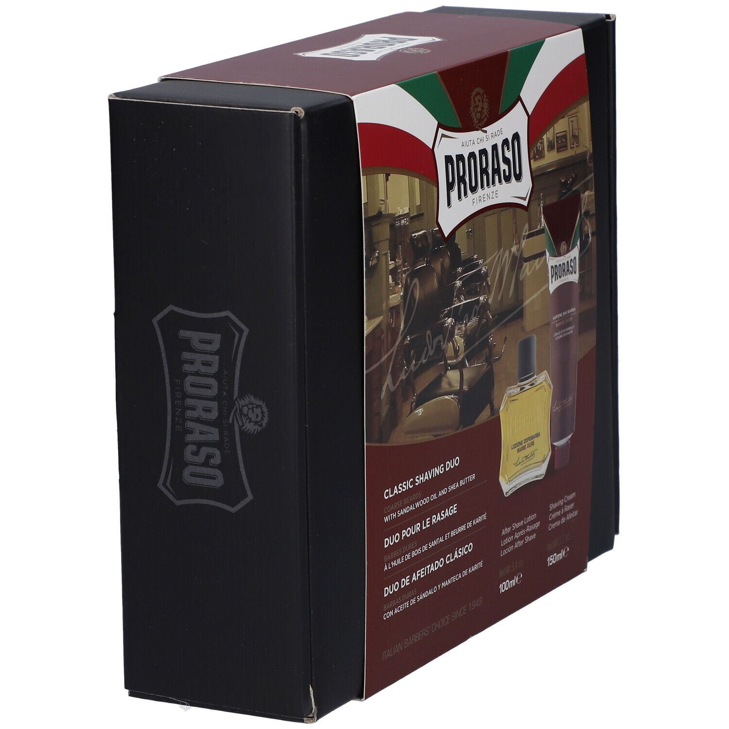 Schwarze Geschenkbox mit Proraso-Logo. Enthält After Shave Lotion und Rasiercreme. Winkelansicht.