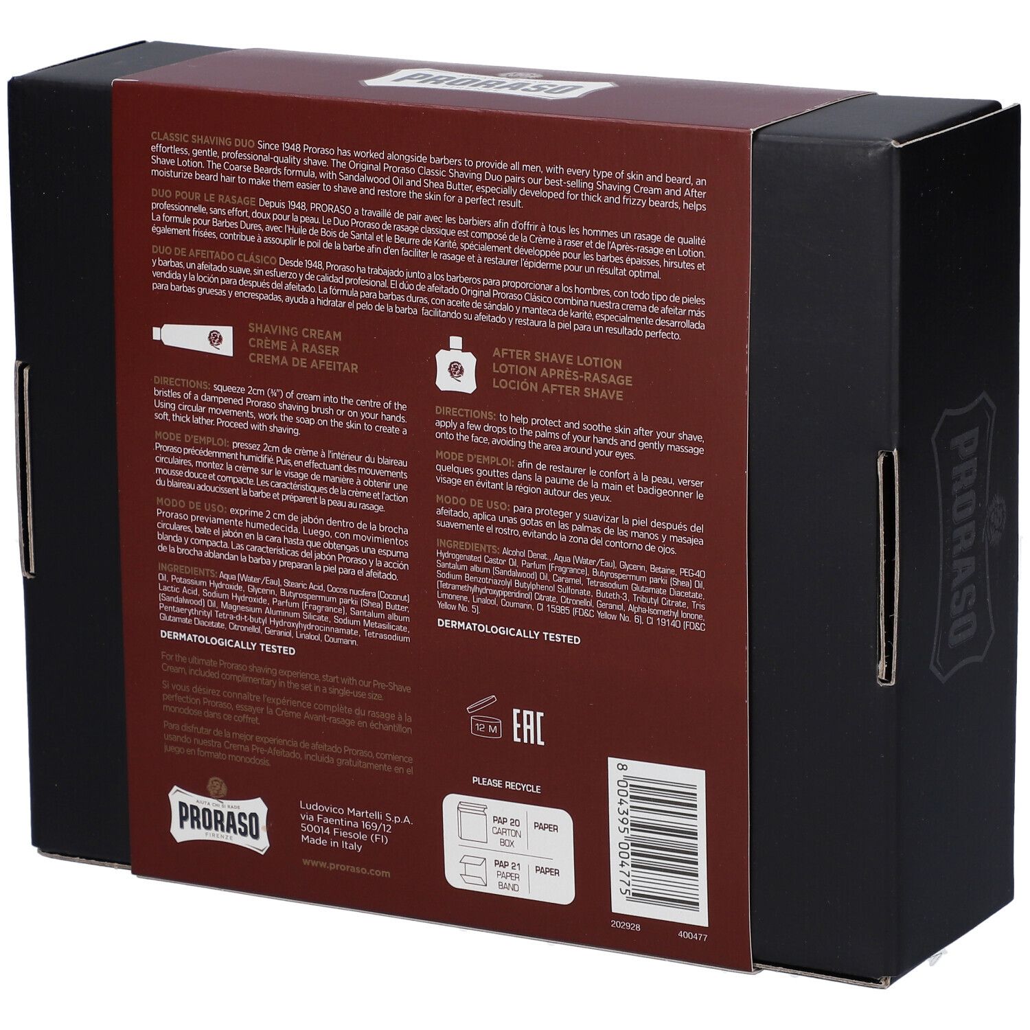 Rückseite der Geschenkbox mit Produktinformationen und Anweisungen. Proraso-Logo und Text.