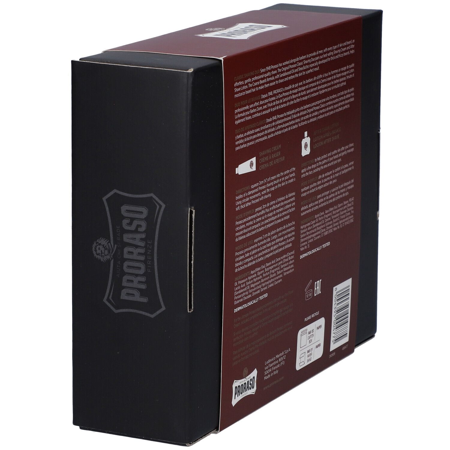 Winkelansicht der Geschenkbox mit Produktinformationen. Proraso-Logo und Text auf der Rückseite.