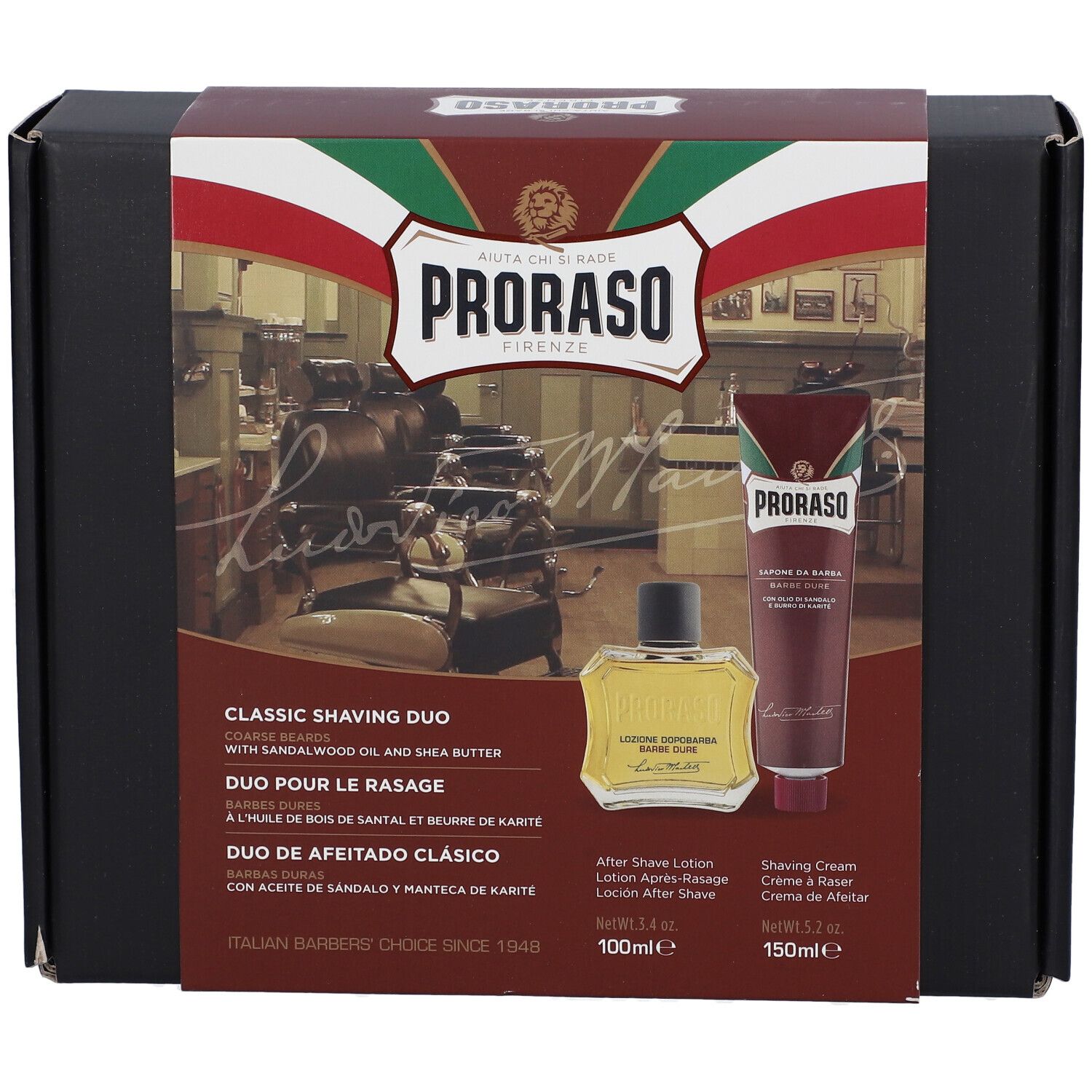 Geschenkbox mit After Shave Lotion und Rasiercreme. Proraso-Logo und Produktbezeichnungen.