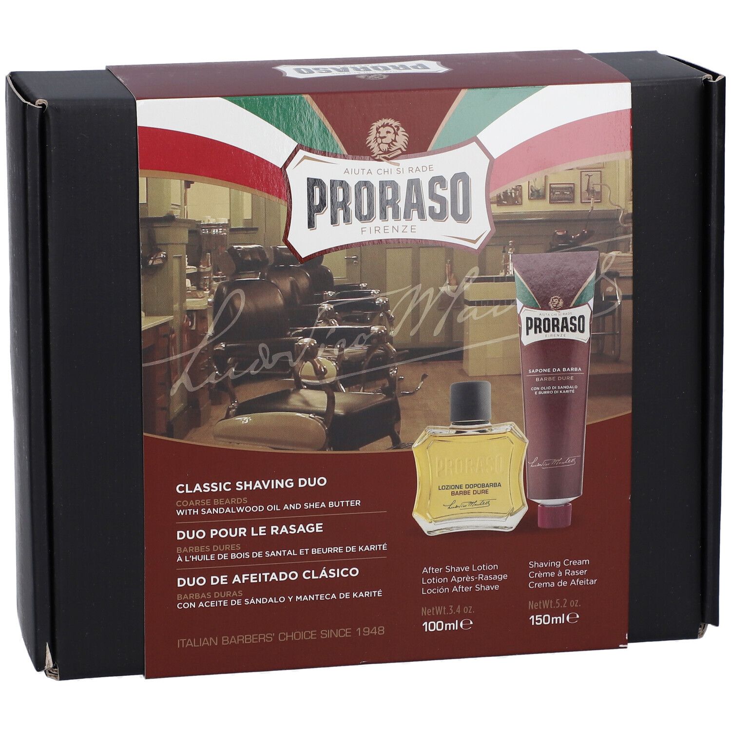 Geschenkbox mit After Shave Lotion und Rasiercreme. Proraso-Logo und Produktbezeichnungen.
