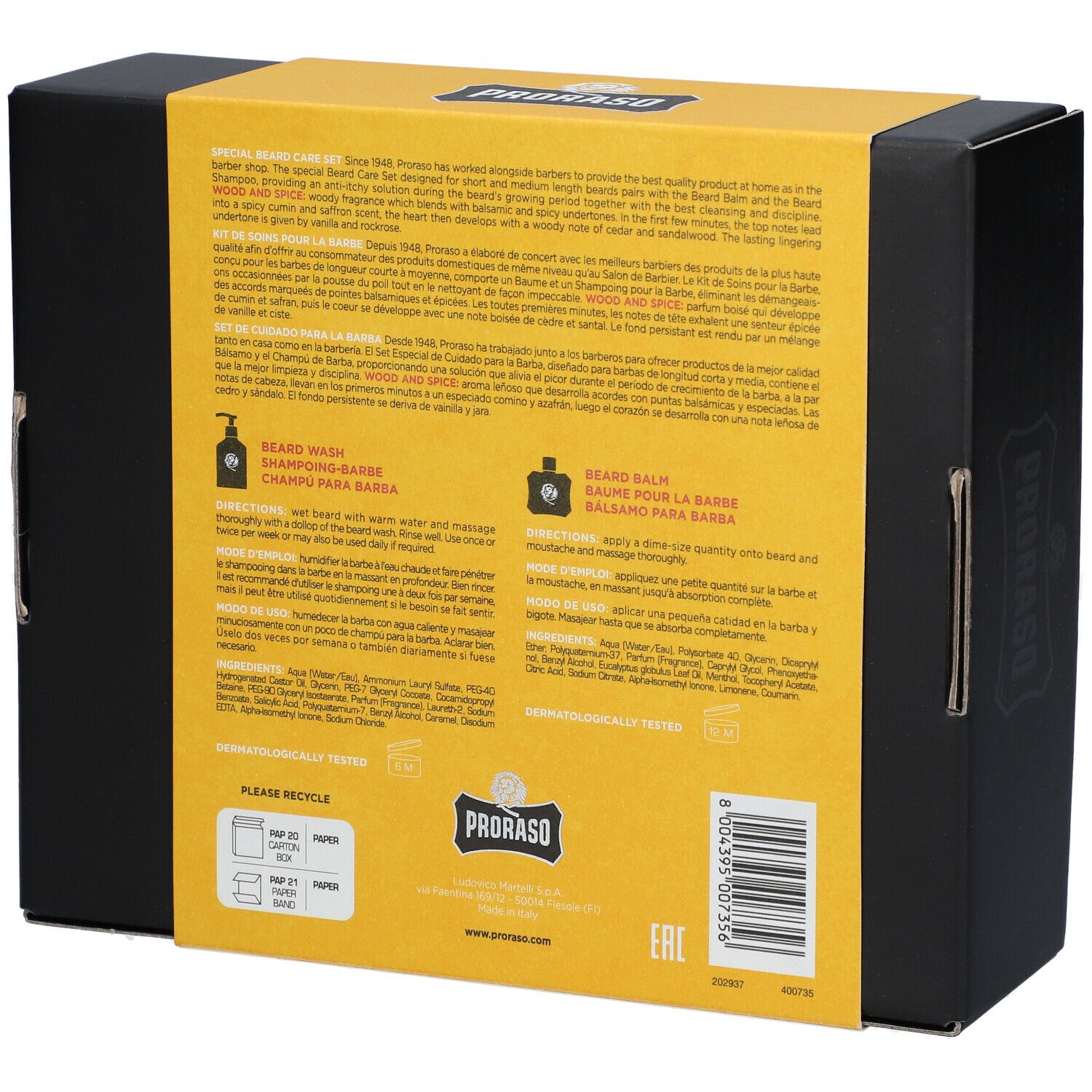 Achterkant van de geschenkverpakking. Gele band met productinformatie in meerdere talen. Proraso logo.