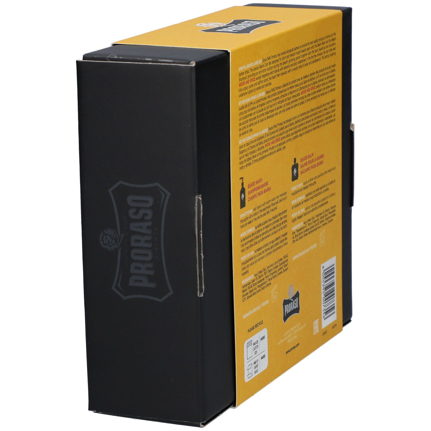 Geschenkverpakking, zijaanzicht. Gele band met productinformatie. Proraso logo op de zijkant.