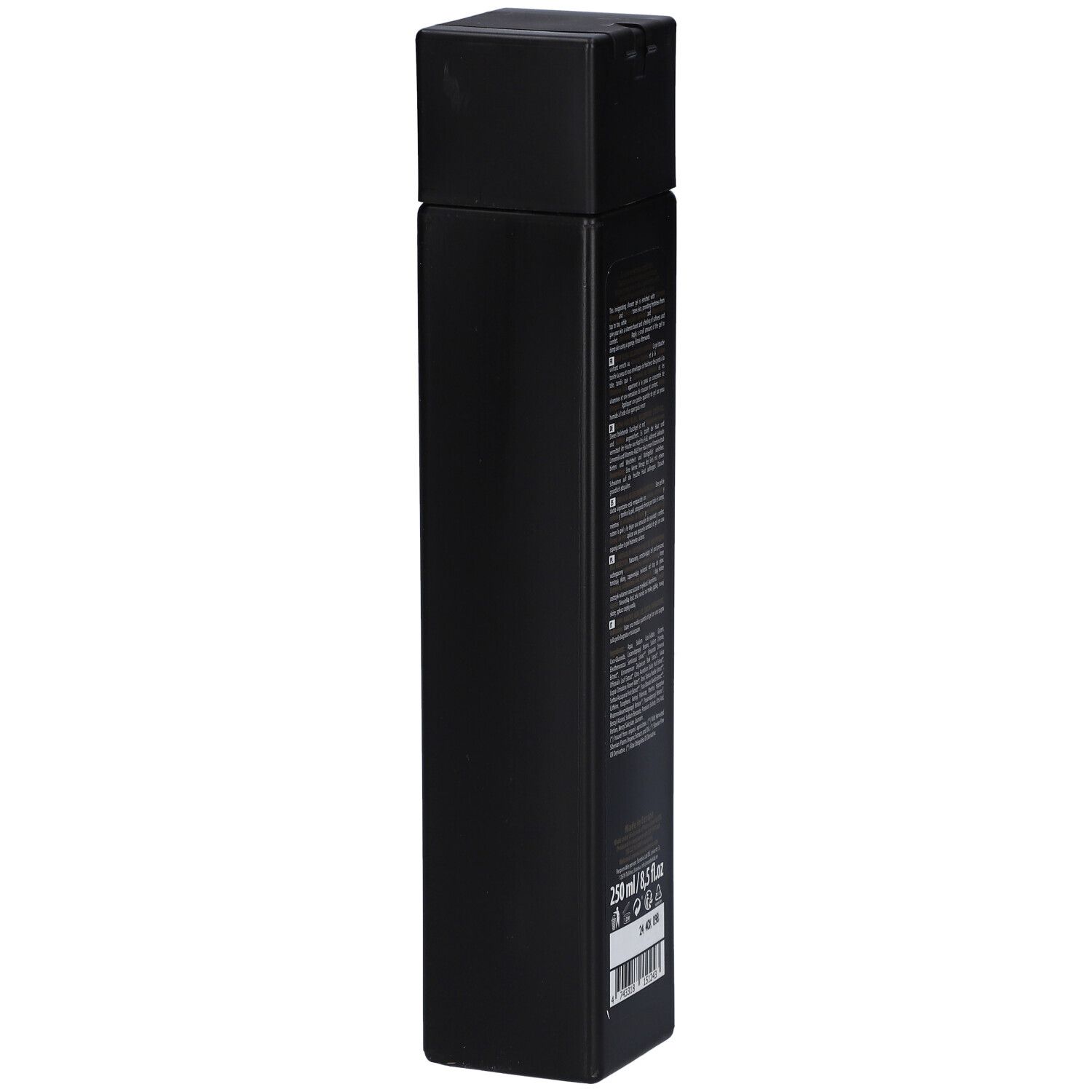 Schwarze Flasche, Seitenansicht. Produktinformationen. 250 ml/8,5 fl oz.