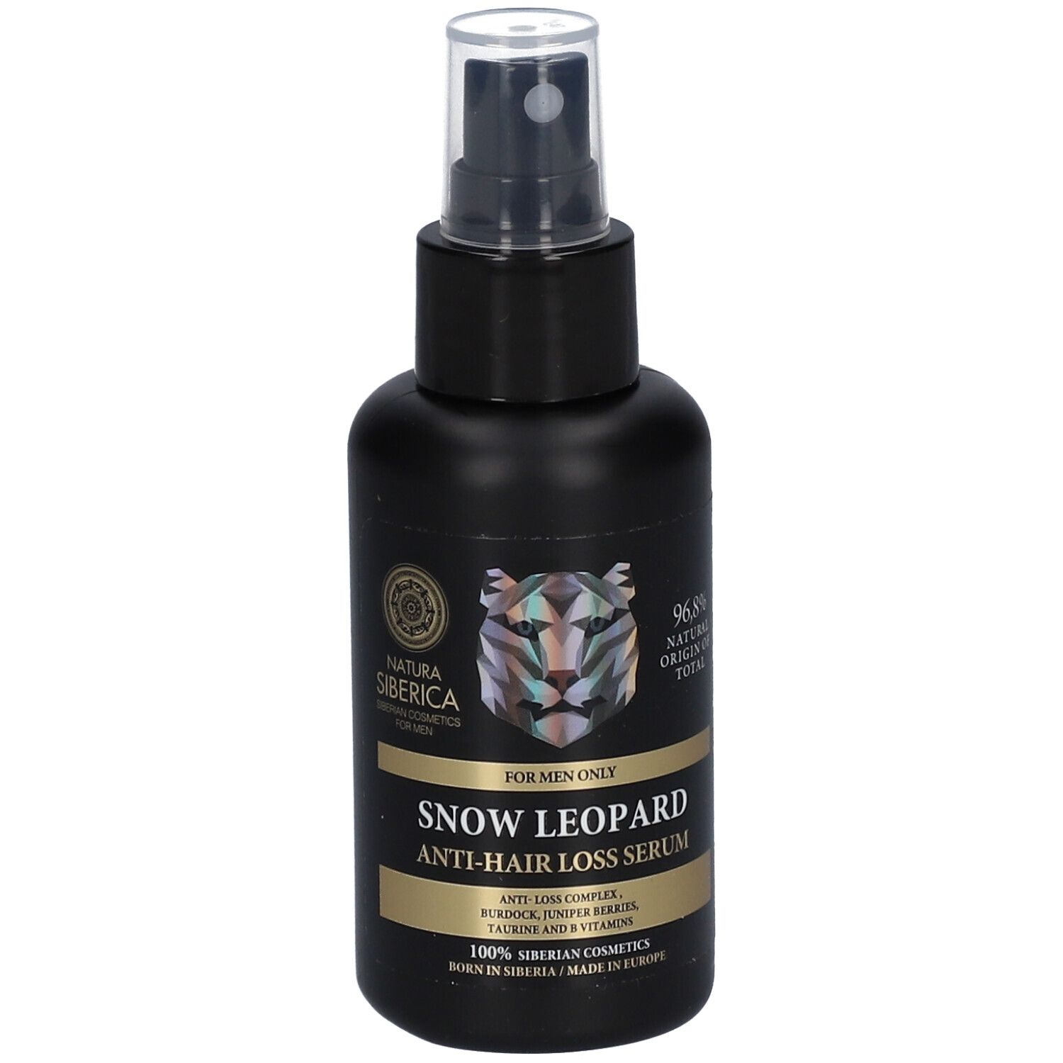 Schwarze Flasche mit Sprühkopf. Aufschrift: Snow Leopard Anti-Haarausfall Serum. Logo und Text: Natura Siberica.
