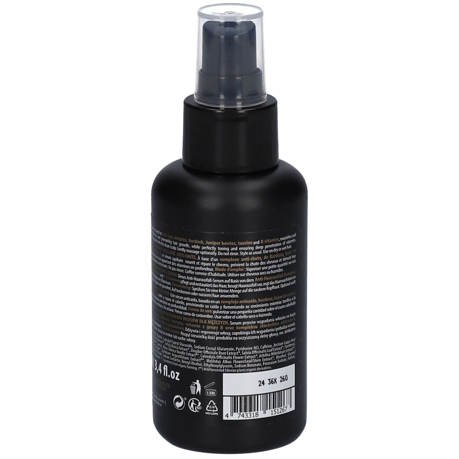 Schwarze Flasche mit Sprühkopf. Rückseite mit Text und Inhaltsstoffen. Logo und Text: Natura Siberica.