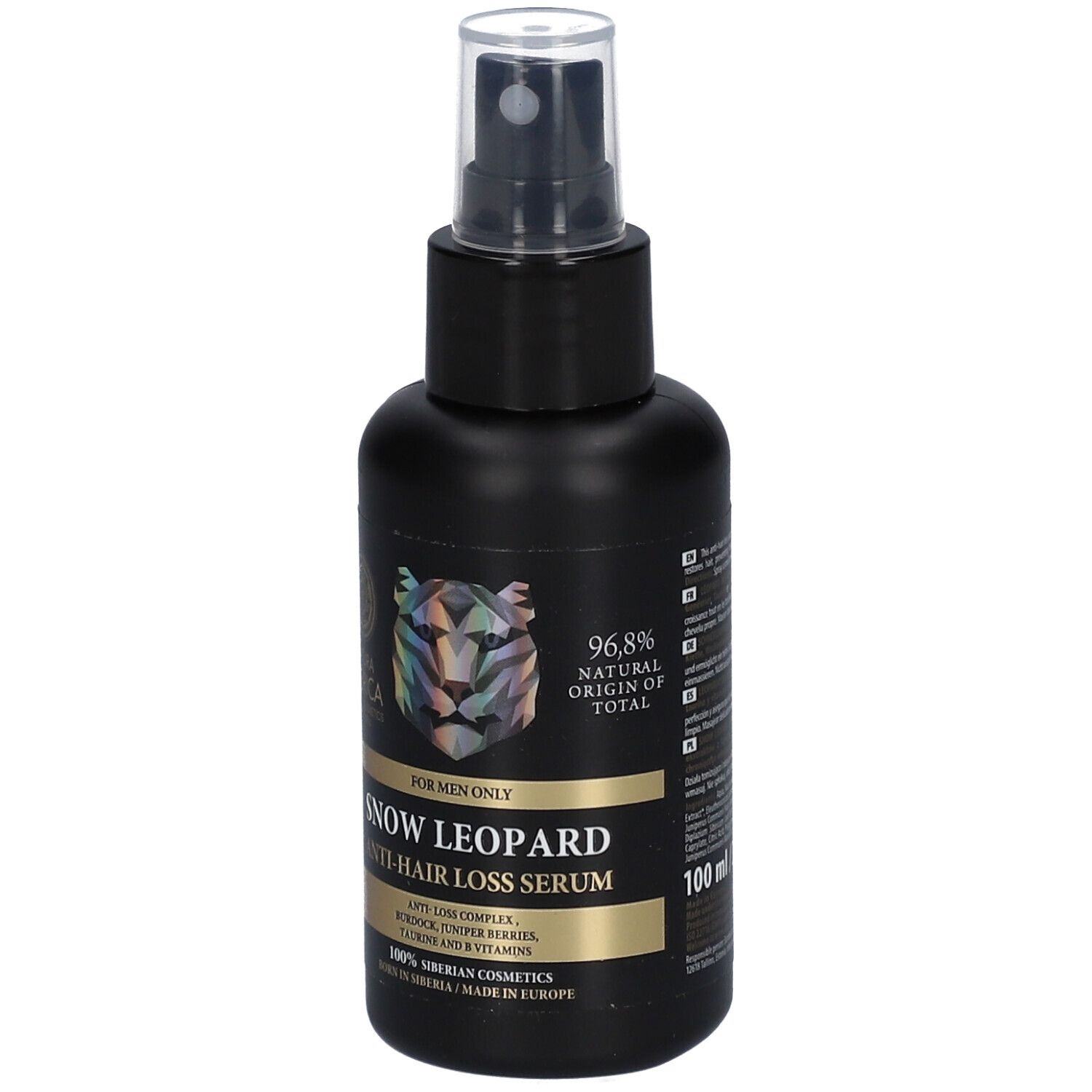 Schwarze Flasche mit Sprühkopf. Aufschrift: Snow Leopard Anti-Haarausfall Serum. Logo und Text: Natura Siberica.