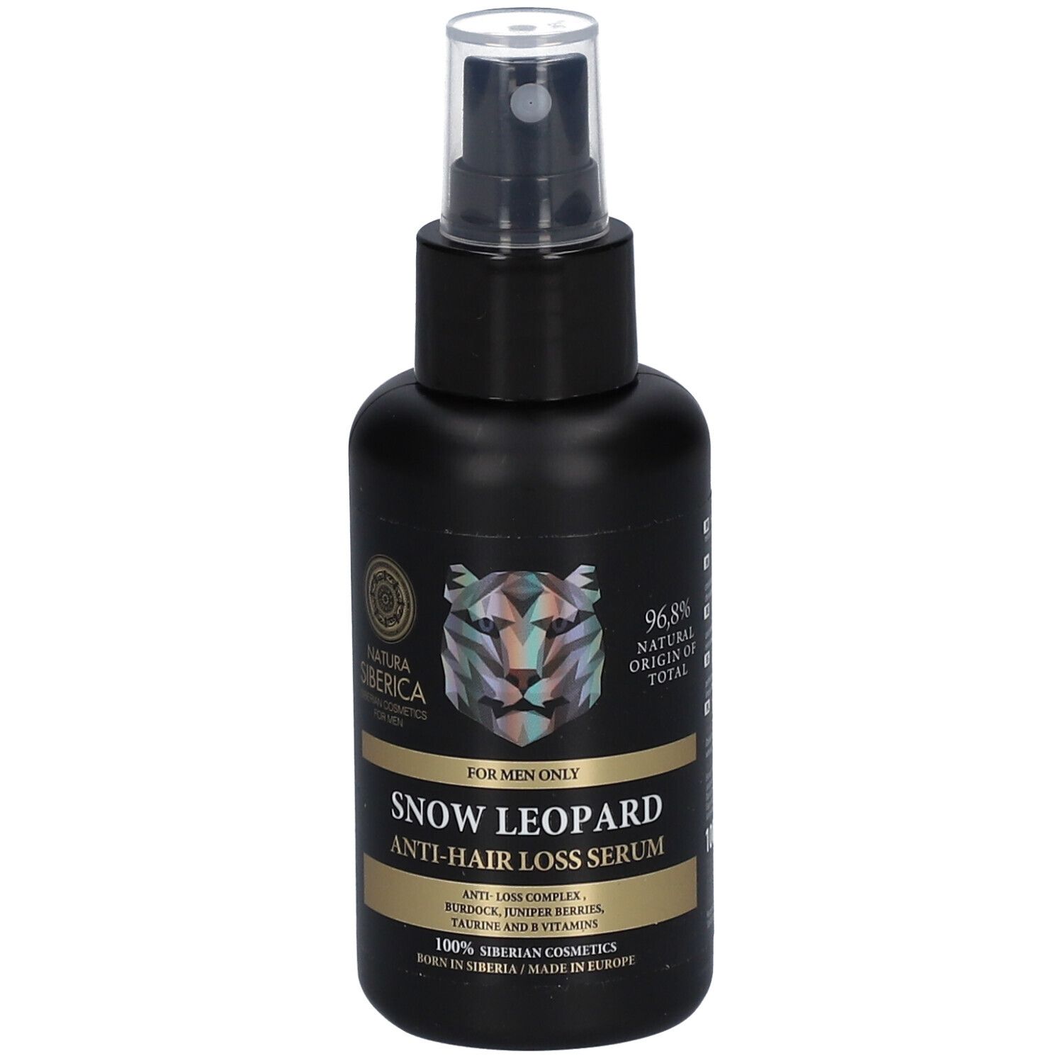 Schwarze Flasche mit Sprühkopf. Aufschrift: Snow Leopard Anti-Haarausfall Serum. Logo und Text: Natura Siberica.