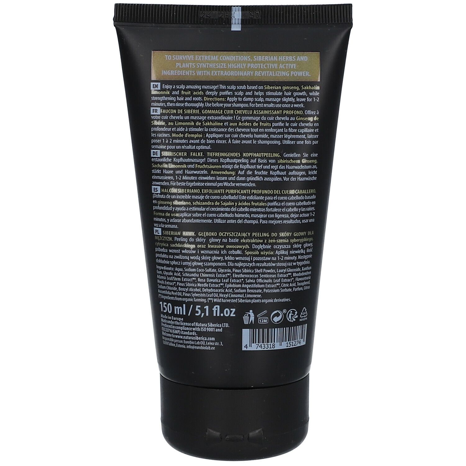 Rückseite der Tube mit Text und Inhaltsangaben. Schwarzer Hintergrund, weiße Schrift. 150 ml / 5,1 fl.oz.