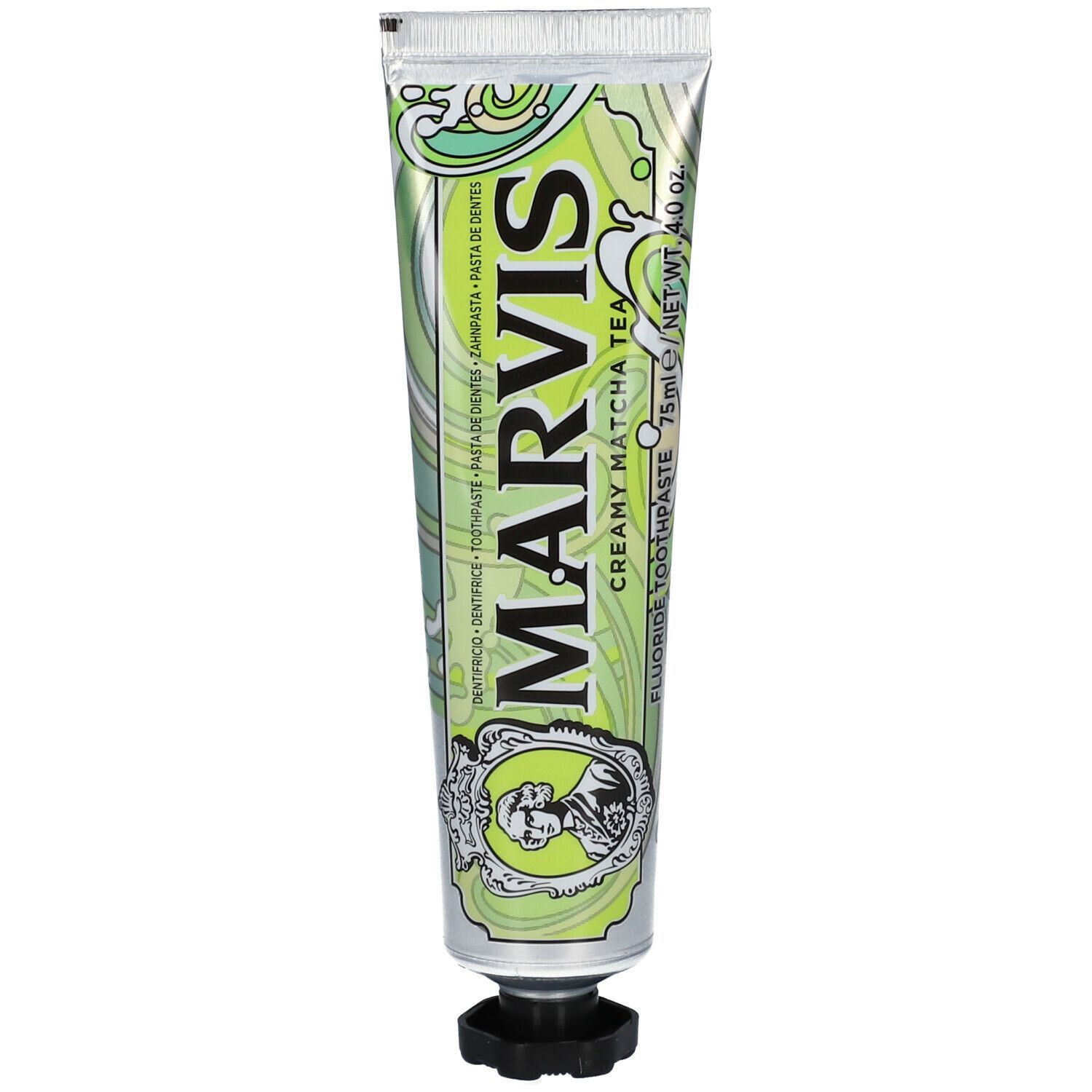 Groen-zilveren tandpastatube met tekst MARVIS, Creamy Matcha Tea. Zwarte sluiting.