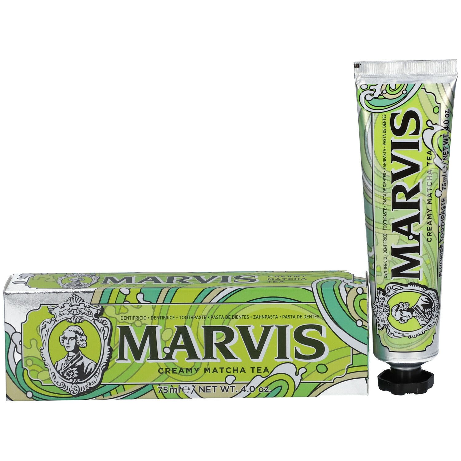 Tandpasta tube en doos. Tube: MARVIS, Creamy Matcha Tea. Doos: MARVIS, Creamy Matcha Tea.