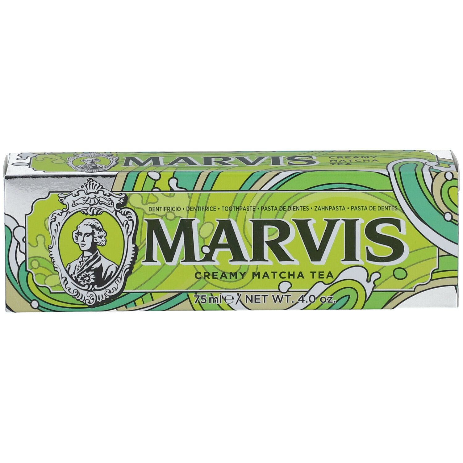 Doos met MARVIS, Creamy Matcha Tea. Groen ontwerp, zilveren achtergrond, tekst.