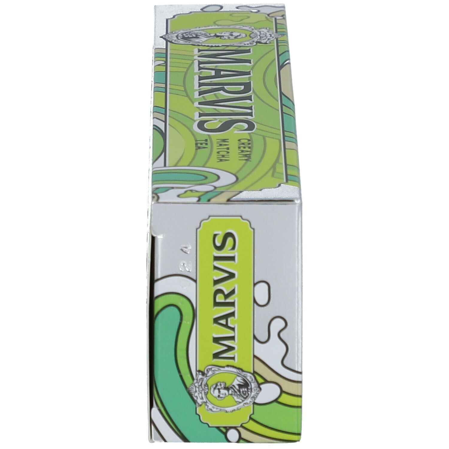 Zijaanzicht van de doos. MARVIS, Creamy Matcha Tea. Groen ontwerp, zilveren achtergrond.