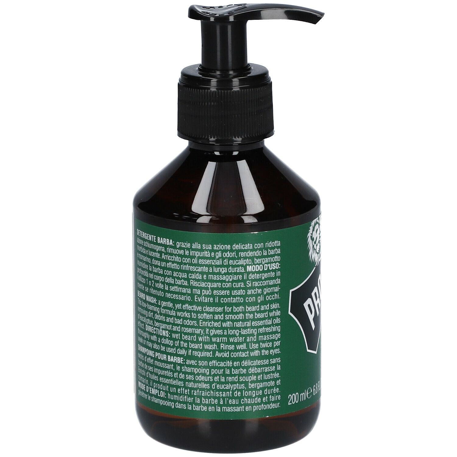 Bruine fles met zwarte pomp. Groen-wit etiket met tekst. Productnaam: "Detergente Barba". 