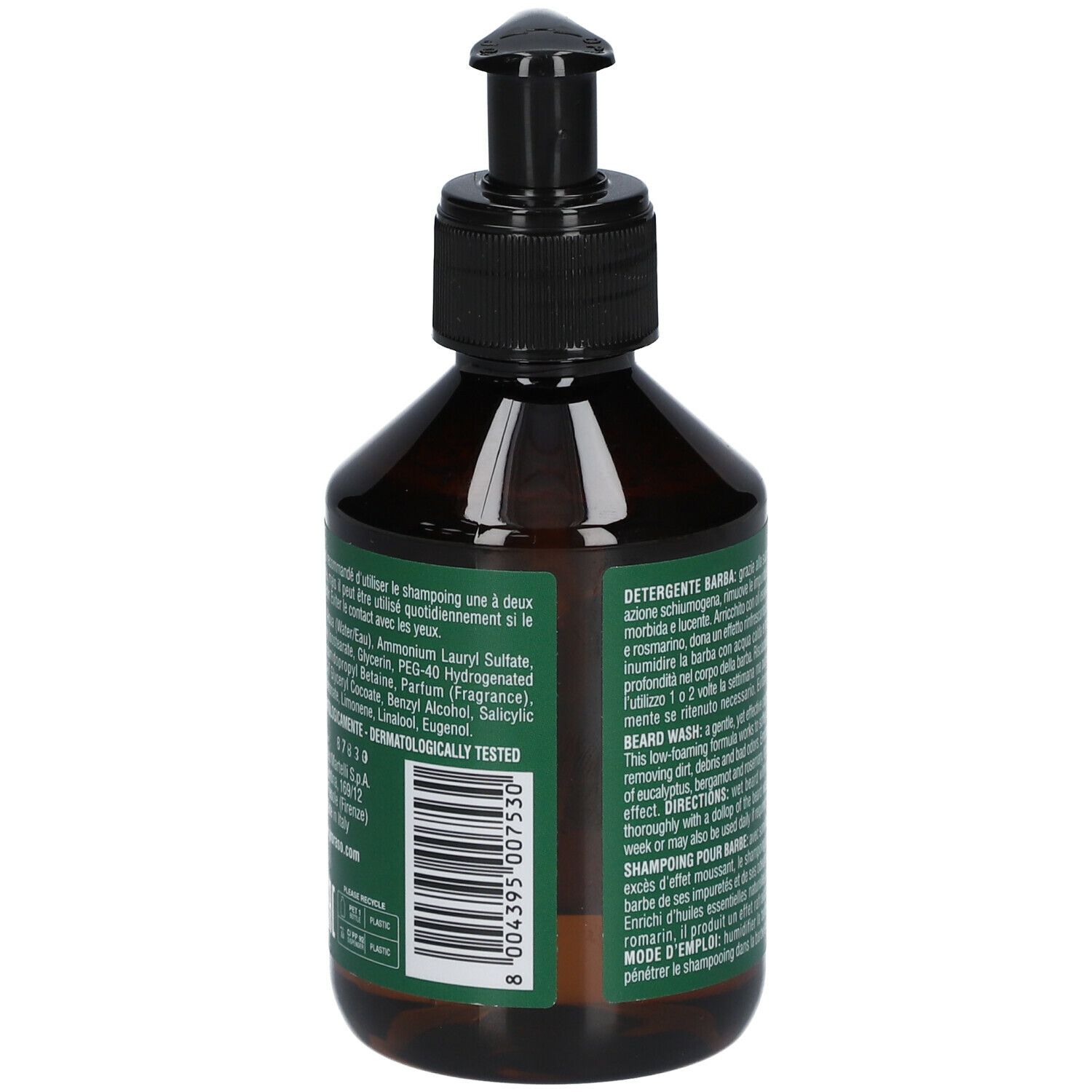 Bruine fles met zwarte pomp. Groen-wit etiket met tekst en barcode. Ingrediënten.