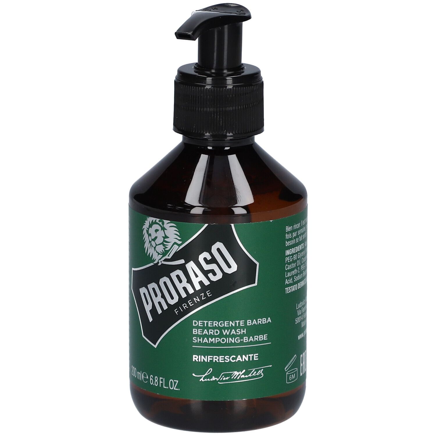 Bruine fles met zwarte pomp. Groen-wit etiket met "Proraso" en productinformatie.