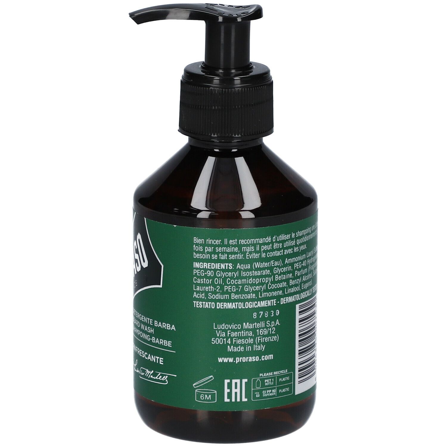Bruine fles met zwarte pomp. Groen-wit etiket met tekst en logo's. Ingrediënten.