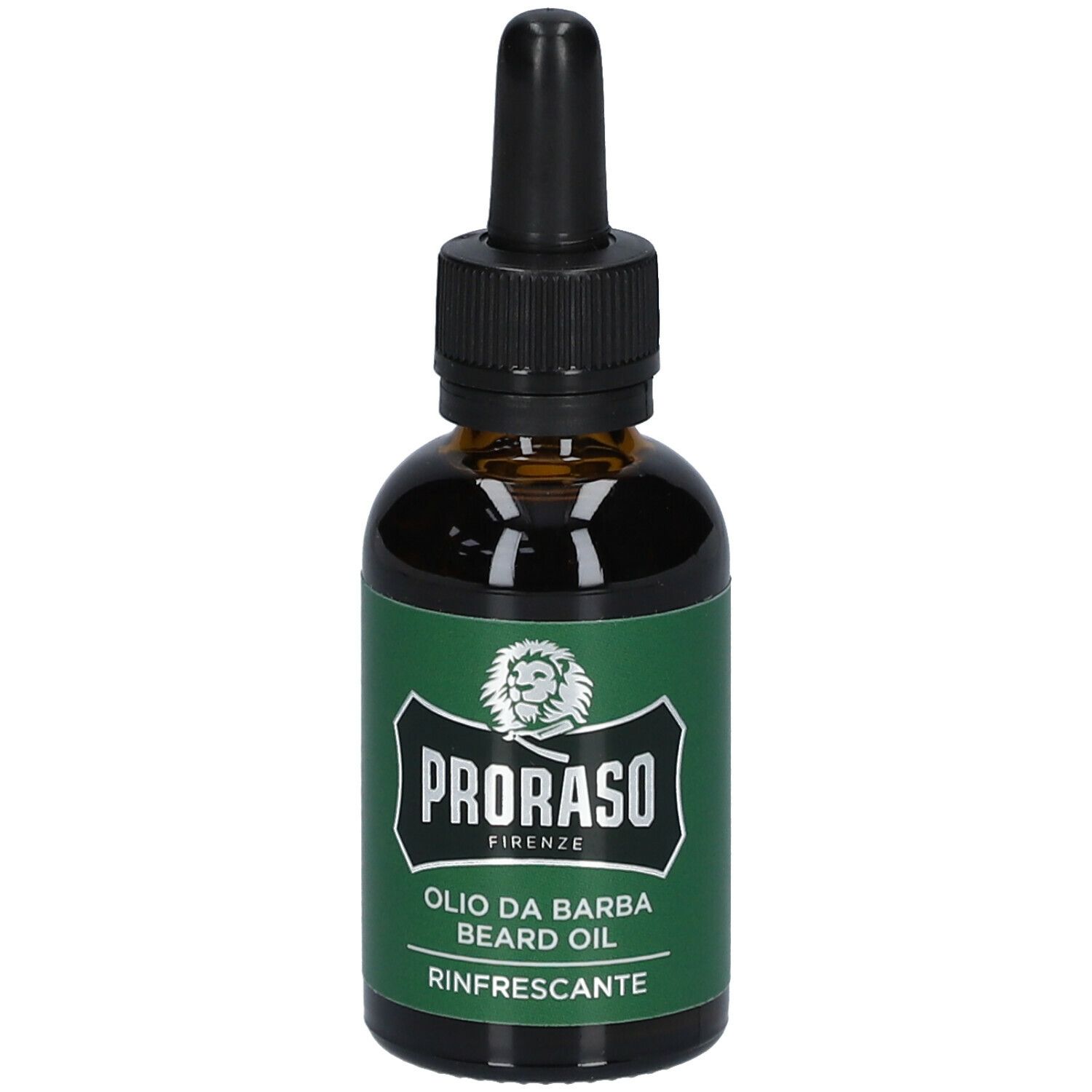 Bruine glazen fles met zwarte druppelaar. Groen-wit etiket met logo en tekst. Productnaam: Olio da Barba, Rinfrascante.