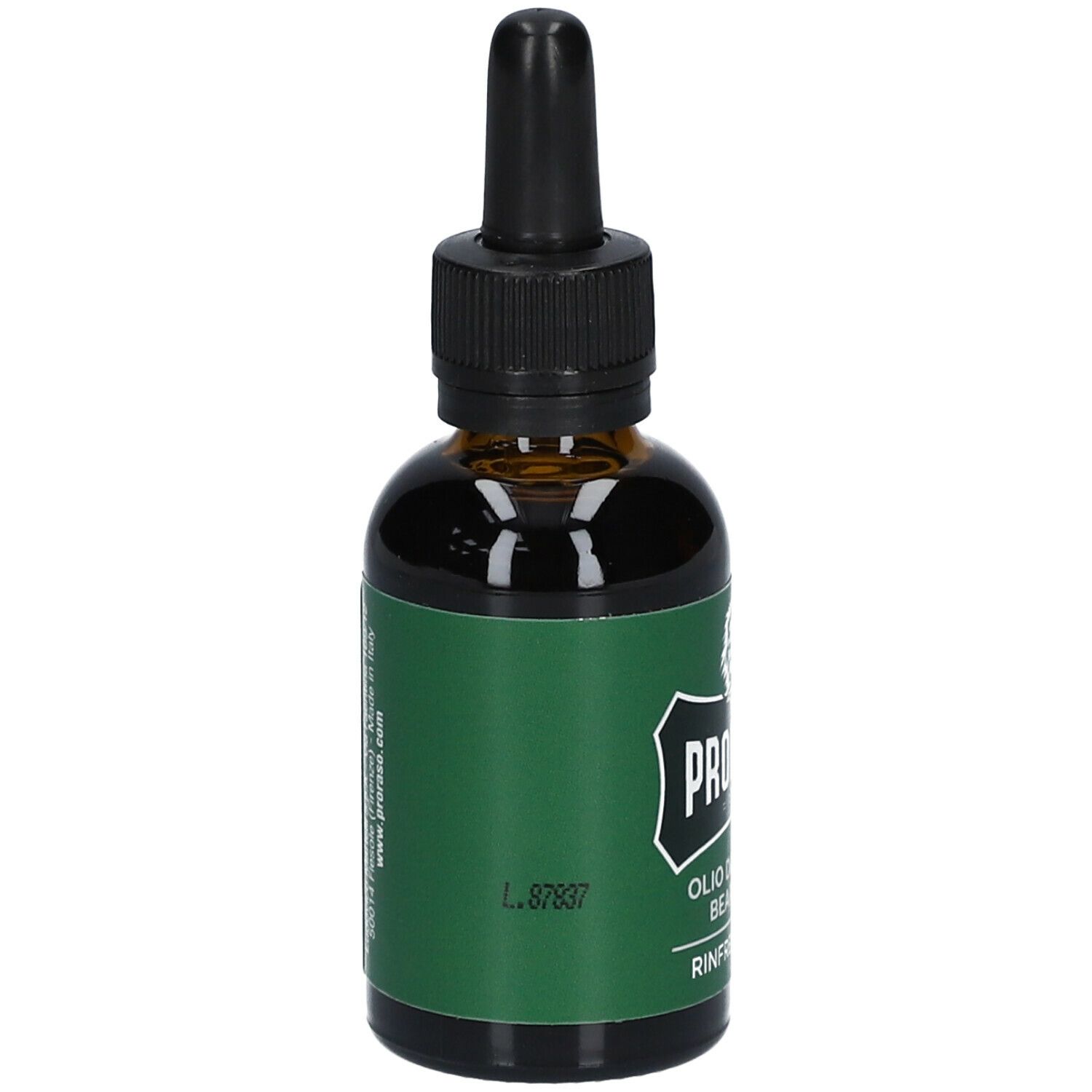Bruine glazen fles met zwarte druppelaar. Groen etiket met witte tekst en logo. Opschrift: www.proraso.com en L.87837.