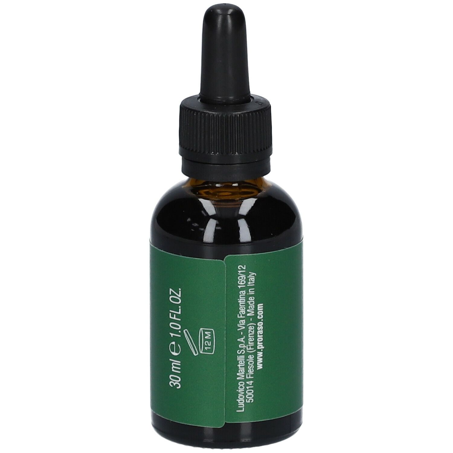 Bruine glazen fles met zwarte druppelaar. Groen etiket met witte tekst. Opschrift: 30 ml e 1.0 FL.OZ. en 12M. Adres fabrikant.