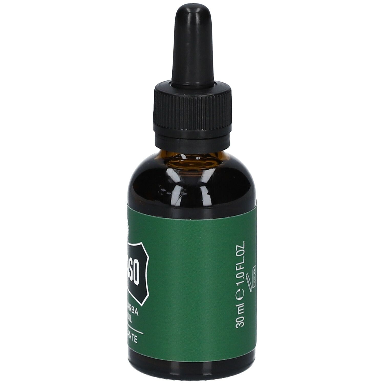 Bruine glazen fles met zwarte druppelaar. Groen etiket met witte tekst. Opschrift: 30 ml e 1.0 FL.OZ. en productnaam.