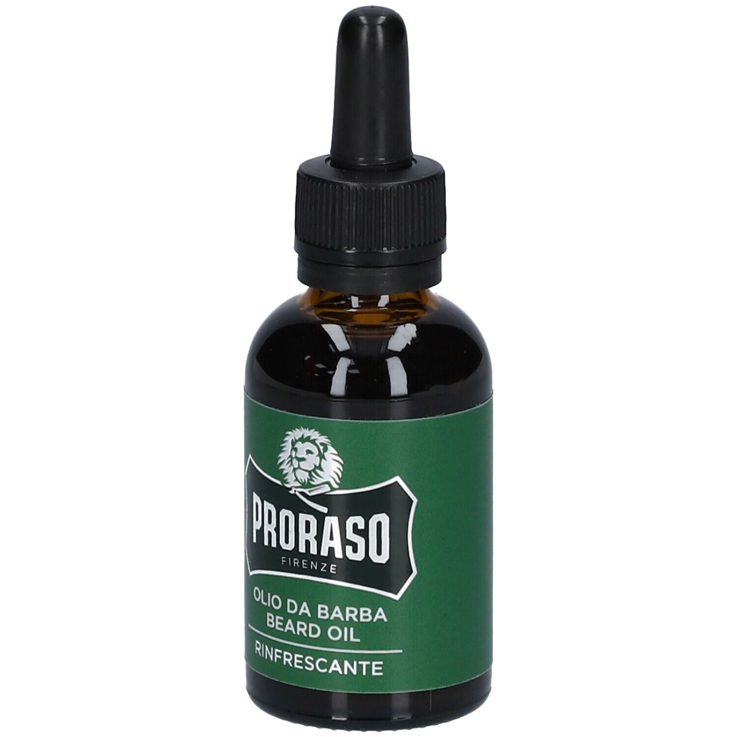 Bruine glazen fles met zwarte druppelaar. Groen etiket met logo en tekst. Productnaam: Olio da Barba, Rinfrascante.