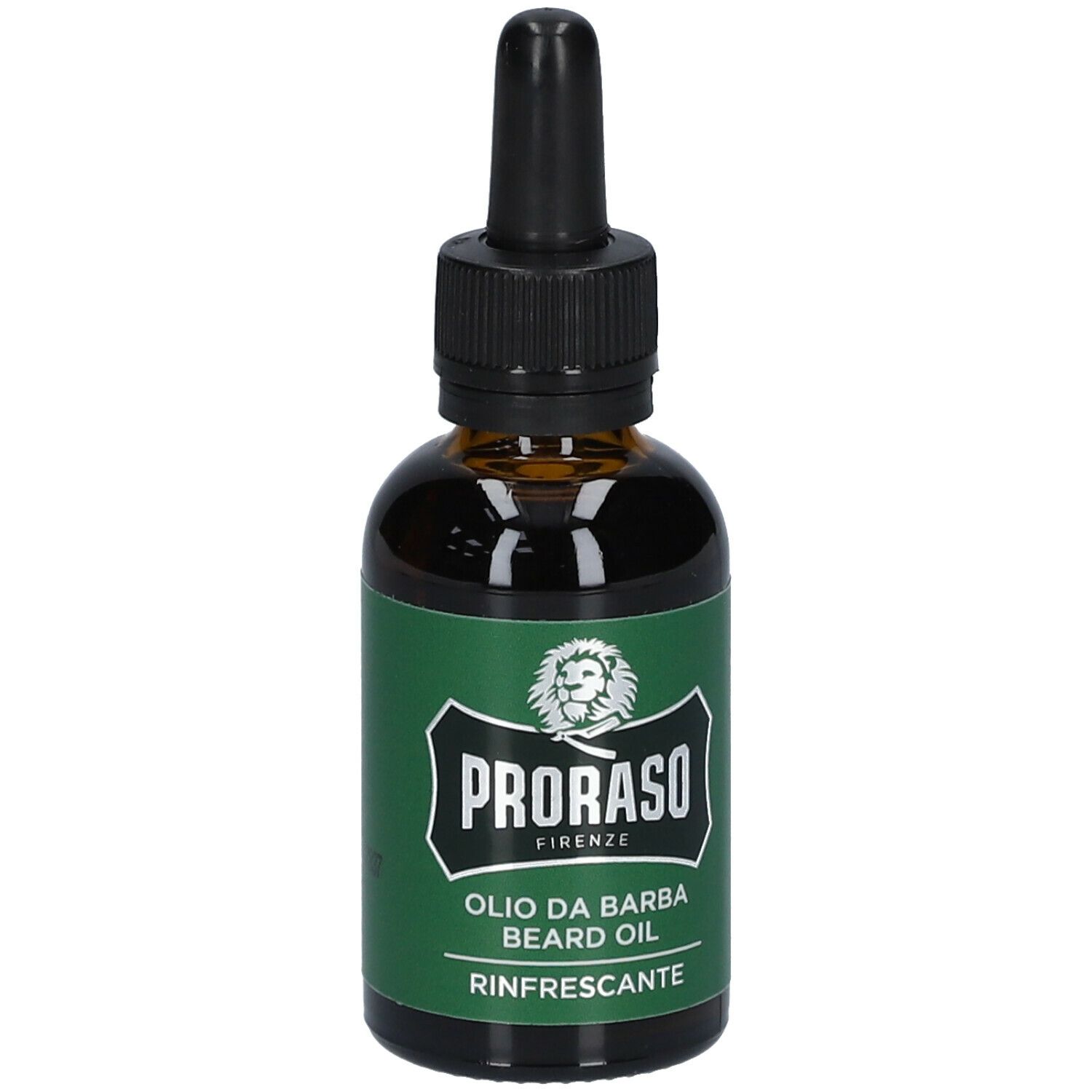 Bruine glazen fles met zwarte druppelaar. Groen etiket met logo en tekst. Productnaam: Olio da Barba, Rinfrascante.