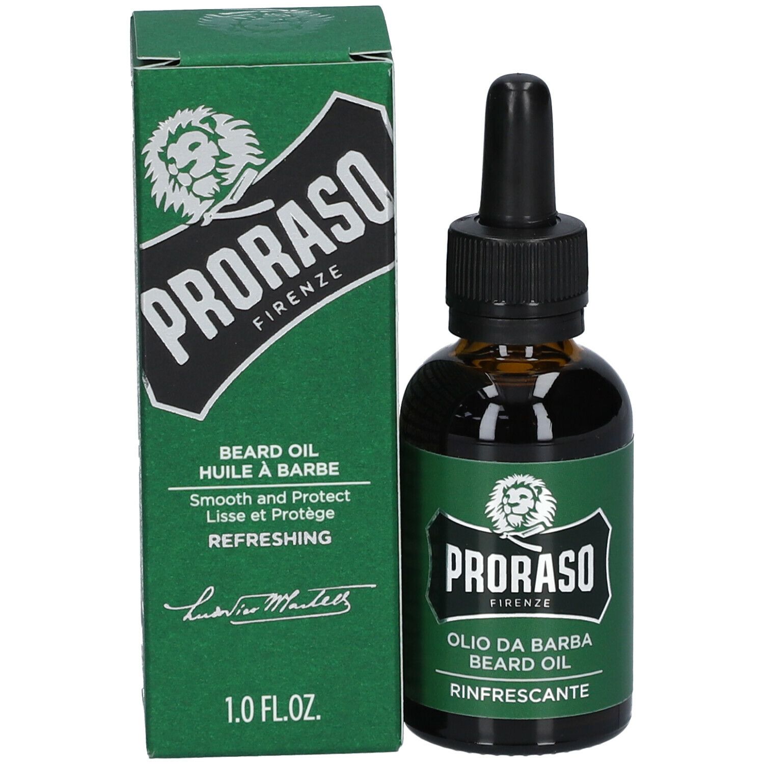 Bruine glazen fles met zwarte druppelaar en groene verpakking. Opschrift: Proraso, Beard Oil, Smooth and Protect, Refreshing.