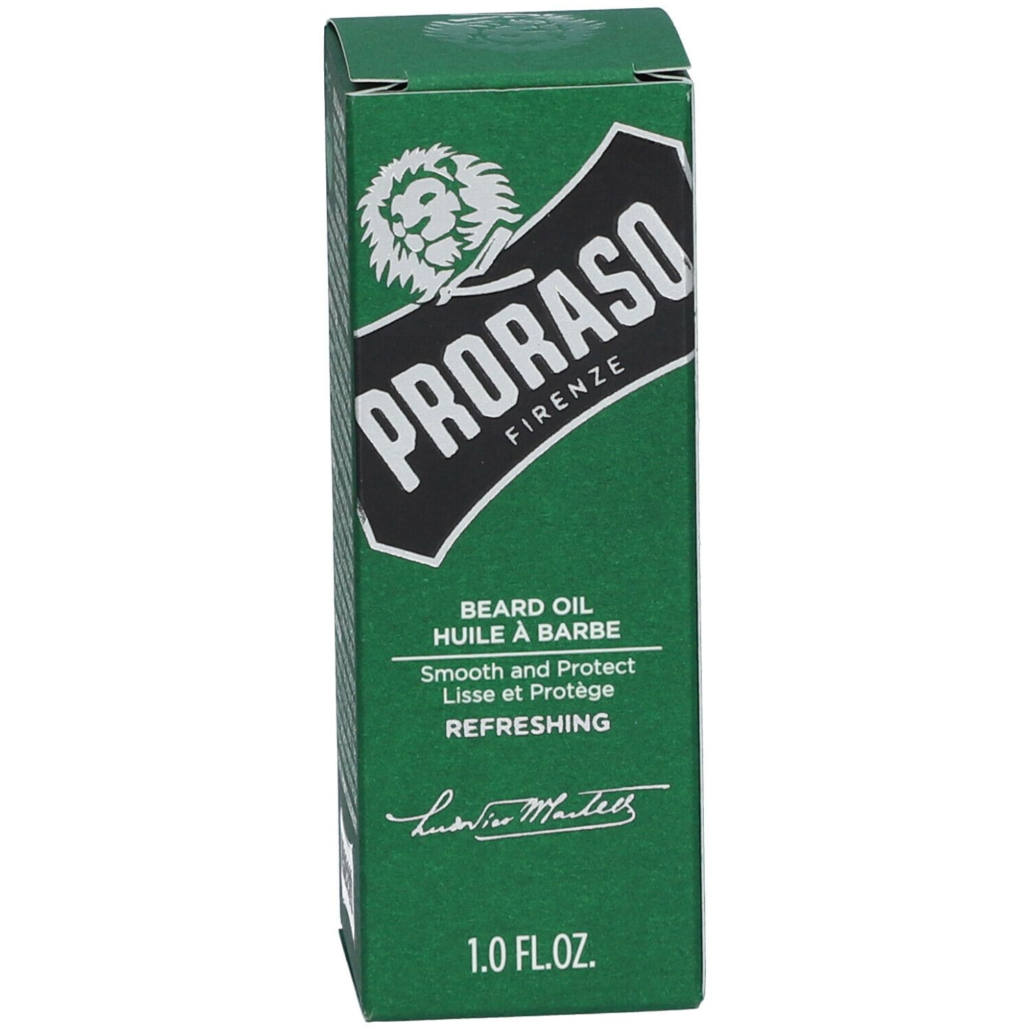 Groene verpakking met witte tekst. Opschrift: Proraso, Beard Oil, Smooth and Protect, Refreshing. 1.0 FL.OZ.
