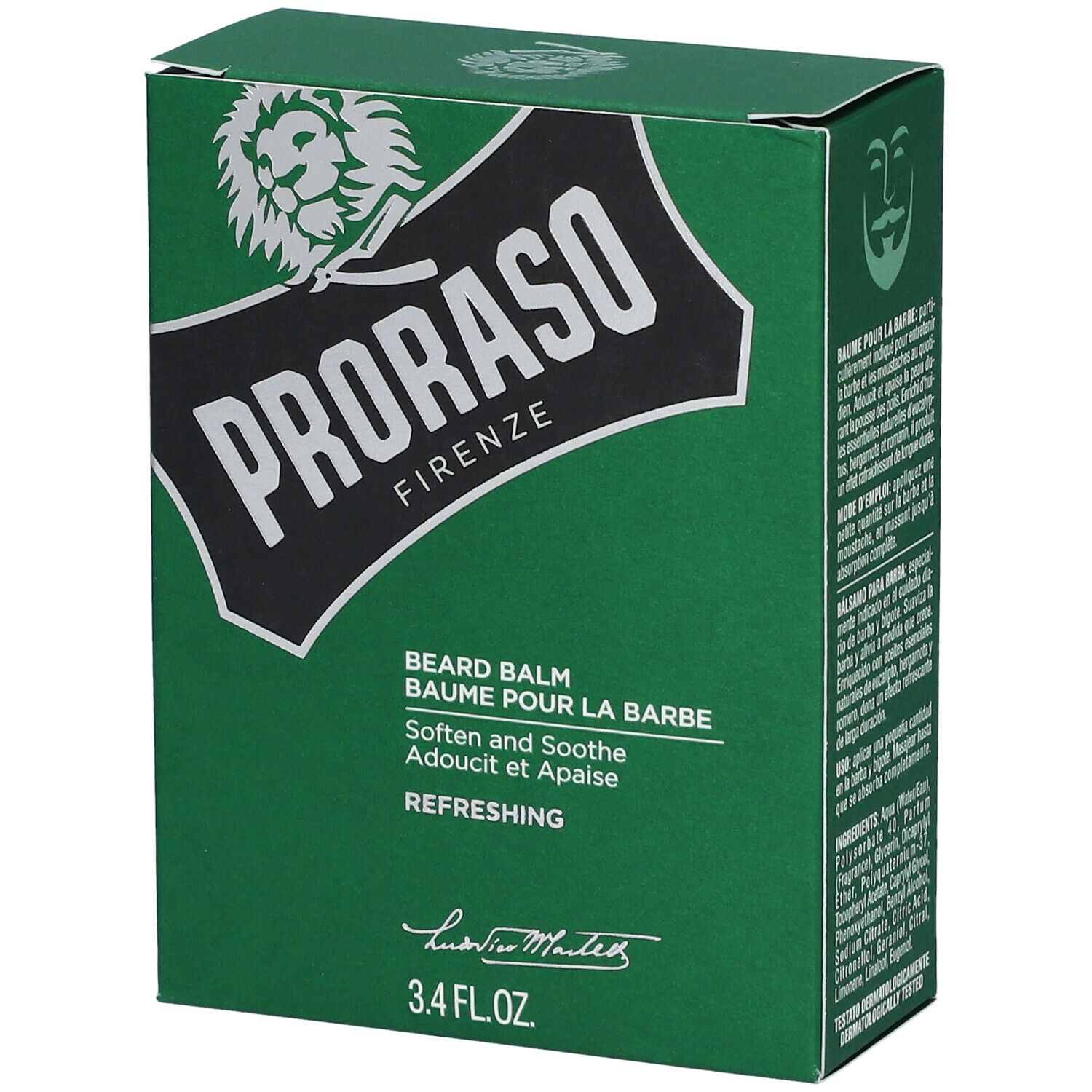 Groene doos met wit logo en tekst. Bevat baardbalsem. Tekst: Soften and Soothe, Refreshing. 3.4 FL.OZ.