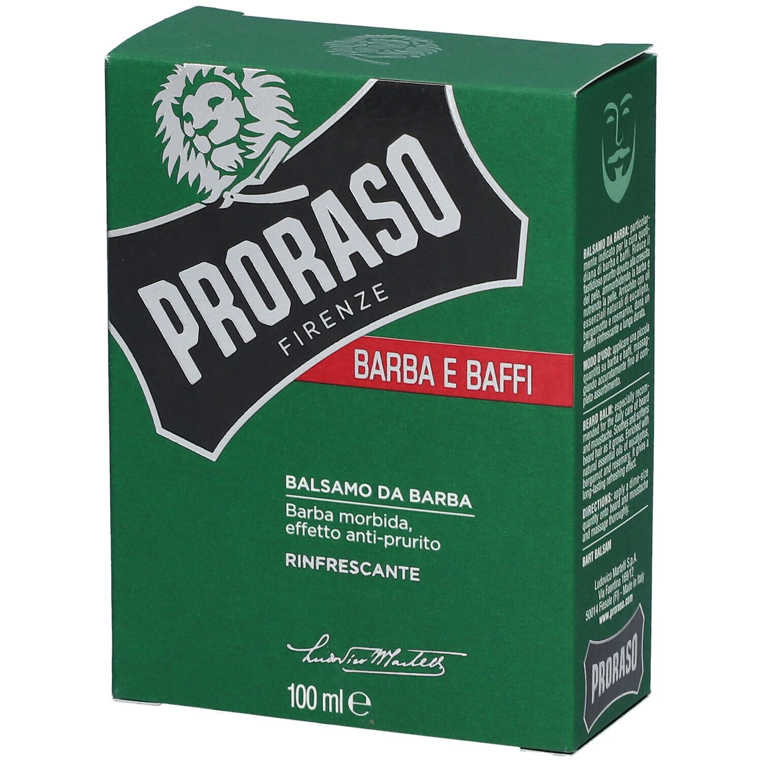 Groene doos met wit logo en tekst. Bevat baardbalsem. Tekst: Barba e Baffi, 100 ml.