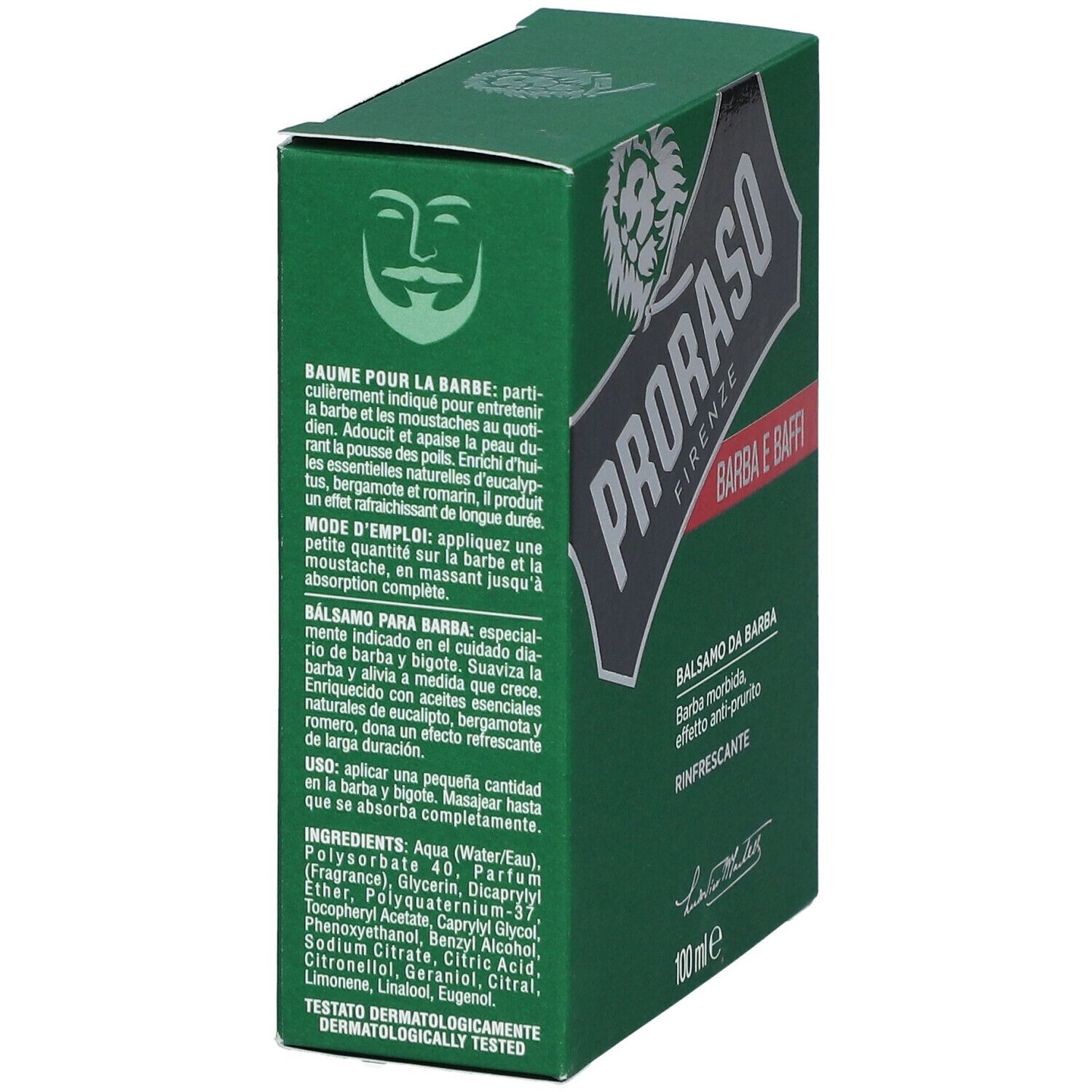 Groene doos met wit logo en tekst. Bevat baardbalsem. Tekst: Barba e Baffi, 100 ml. Zijaanzicht.