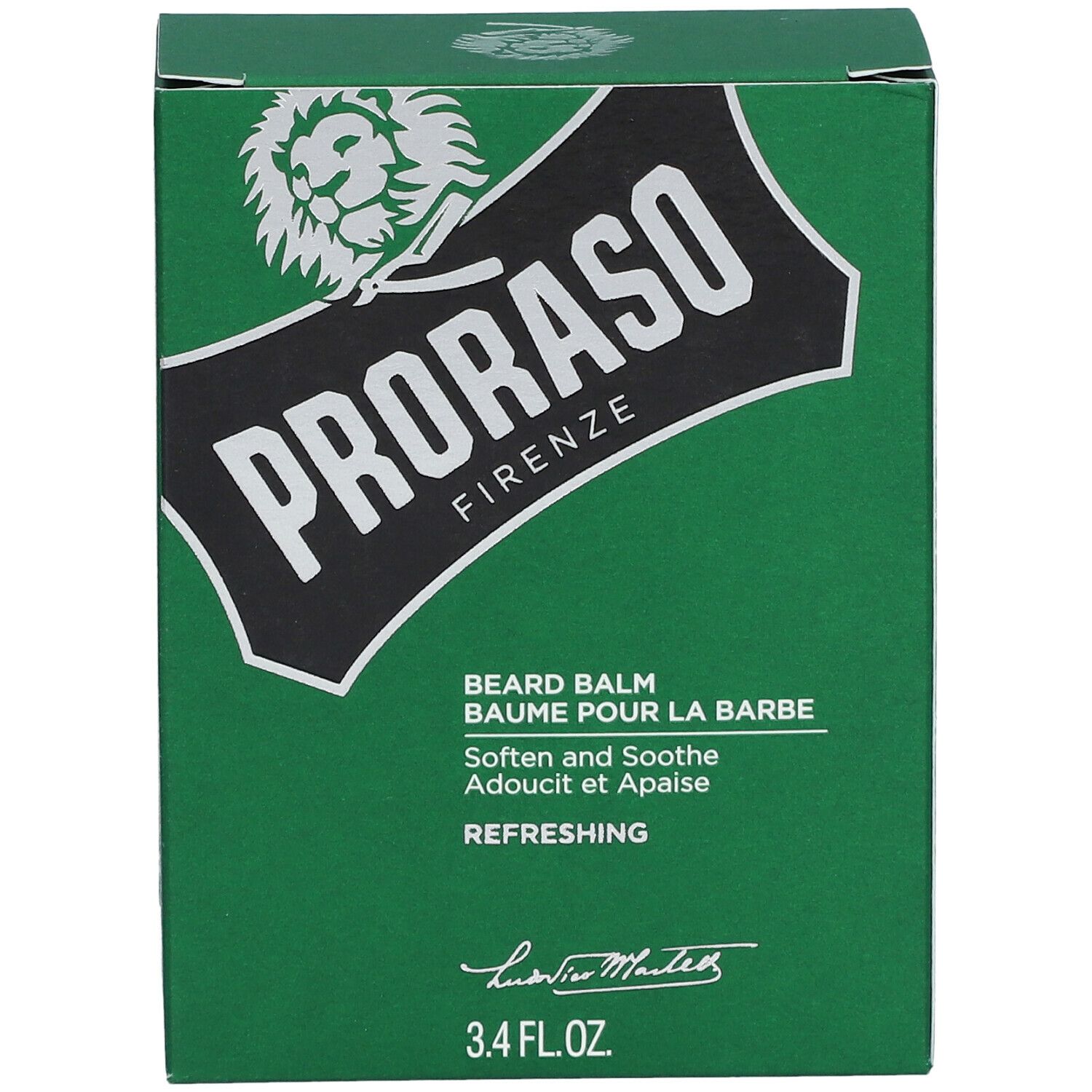 Groene doos met wit logo en tekst. Bevat baardbalsem. Tekst: Soften and Soothe, Refreshing. 3.4 FL.OZ.