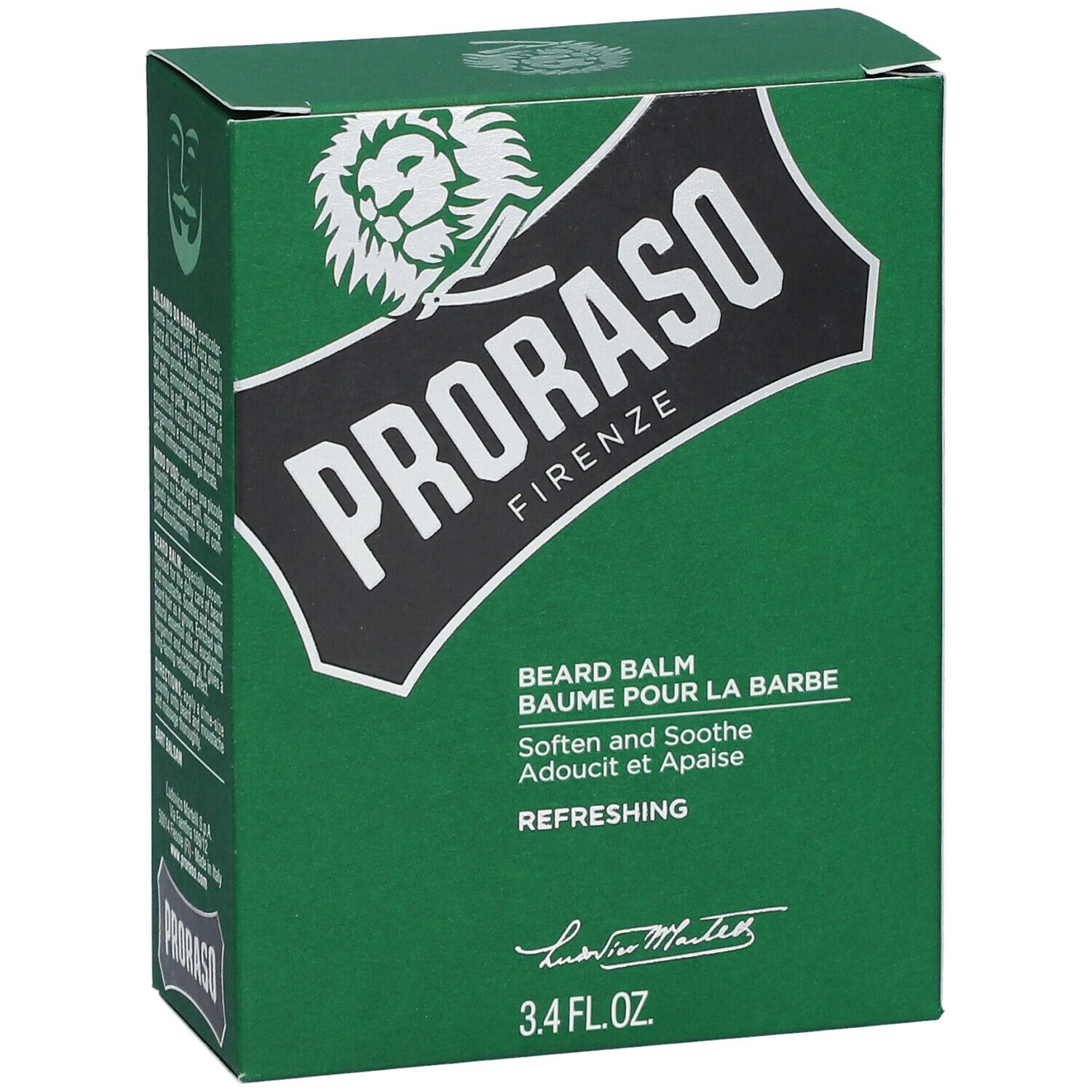 Groene doos met wit logo en tekst. Bevat baardbalsem. Tekst: Soften and Soothe, Refreshing. 3.4 FL.OZ.