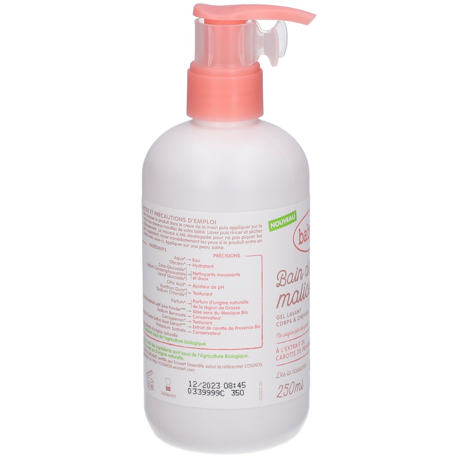Witte fles met roze pomp. Opschrift: babybio, Bain de malice, 250ml. Franse tekst. Bio-label.