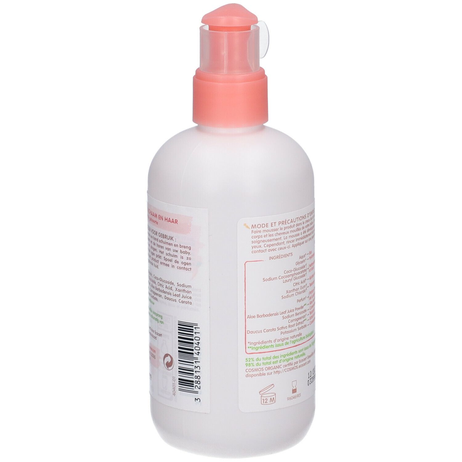 Witte fles met roze pomp. Franse tekst. Productinformatie en ingrediënten. Bio-label. 12M-symbool.