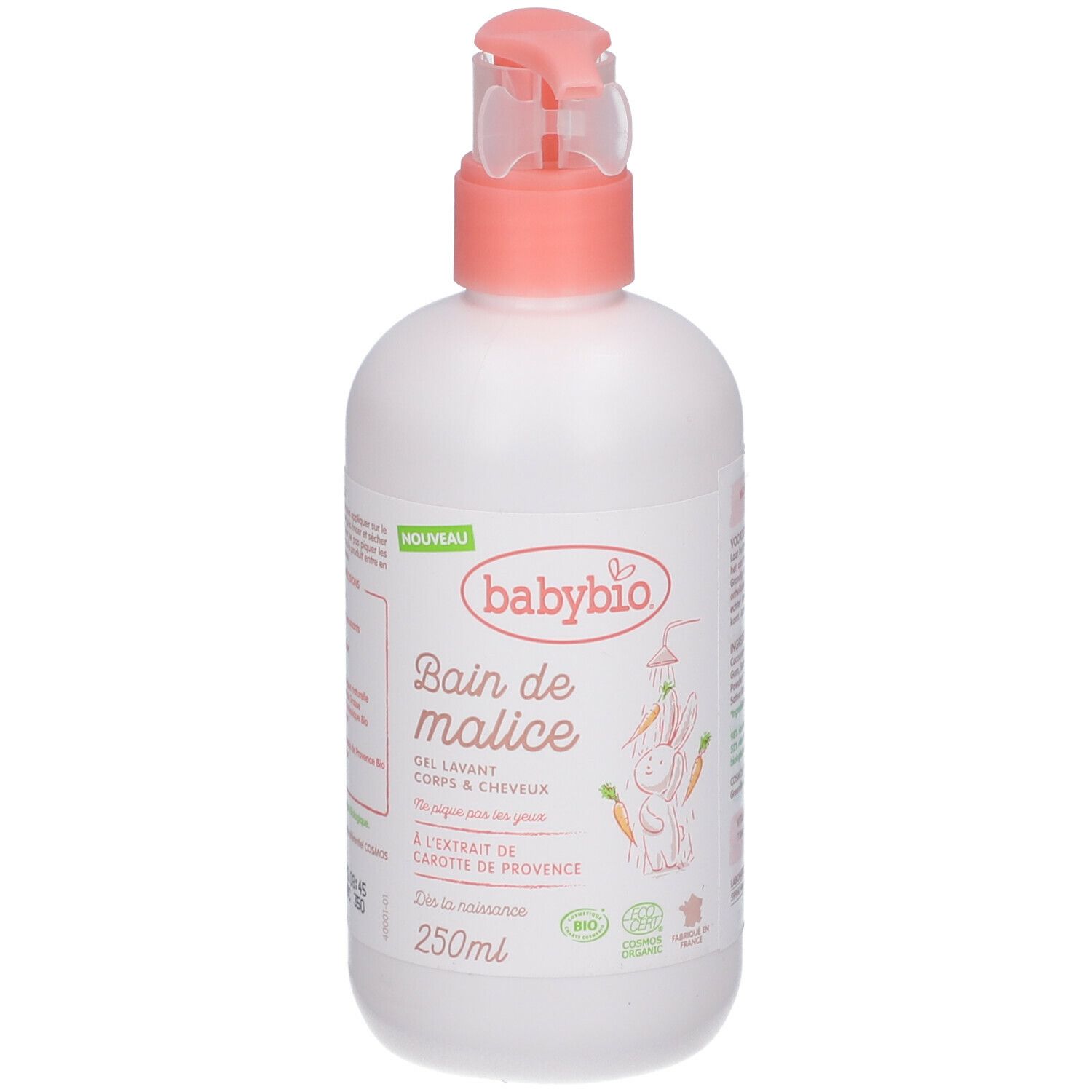 Witte fles met roze pomp. Opschrift: babybio, Bain de malice, 250ml. Illustratie: konijn onder douche. Bio-label.