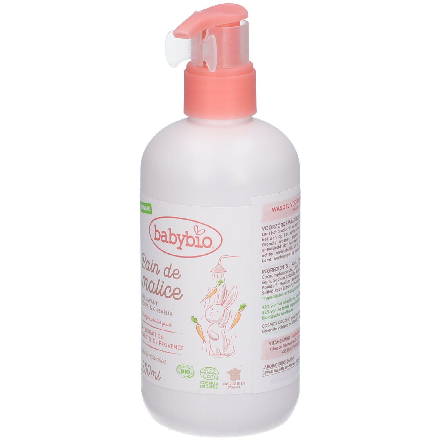 Witte fles met roze pomp. Opschrift: babybio, Bain de malice, 250ml. Illustratie: konijn onder douche. Bio-label.