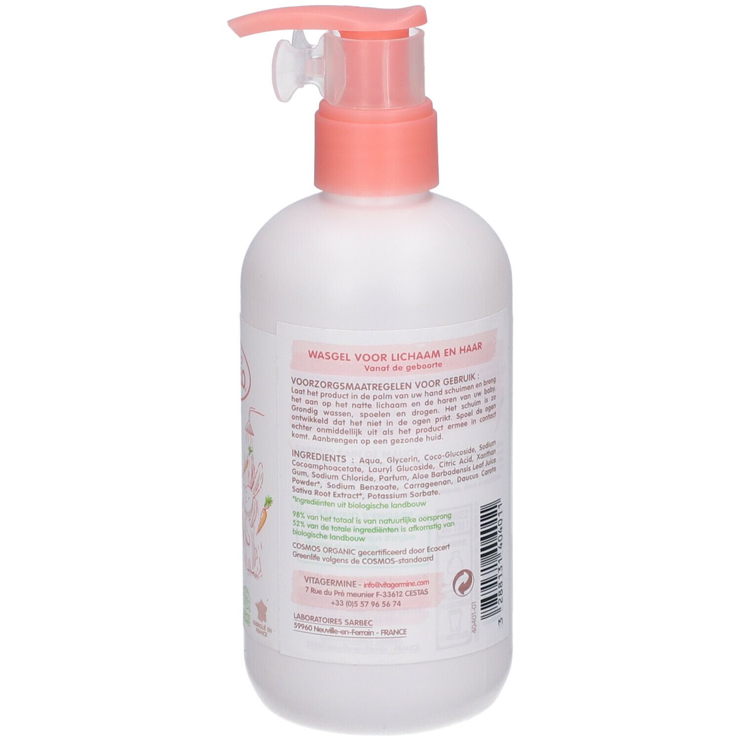 Witte fles met roze pomp. Opschrift: babybio, Wasgel voor lichaam en haar. Nederlandse tekst. Bio-label.