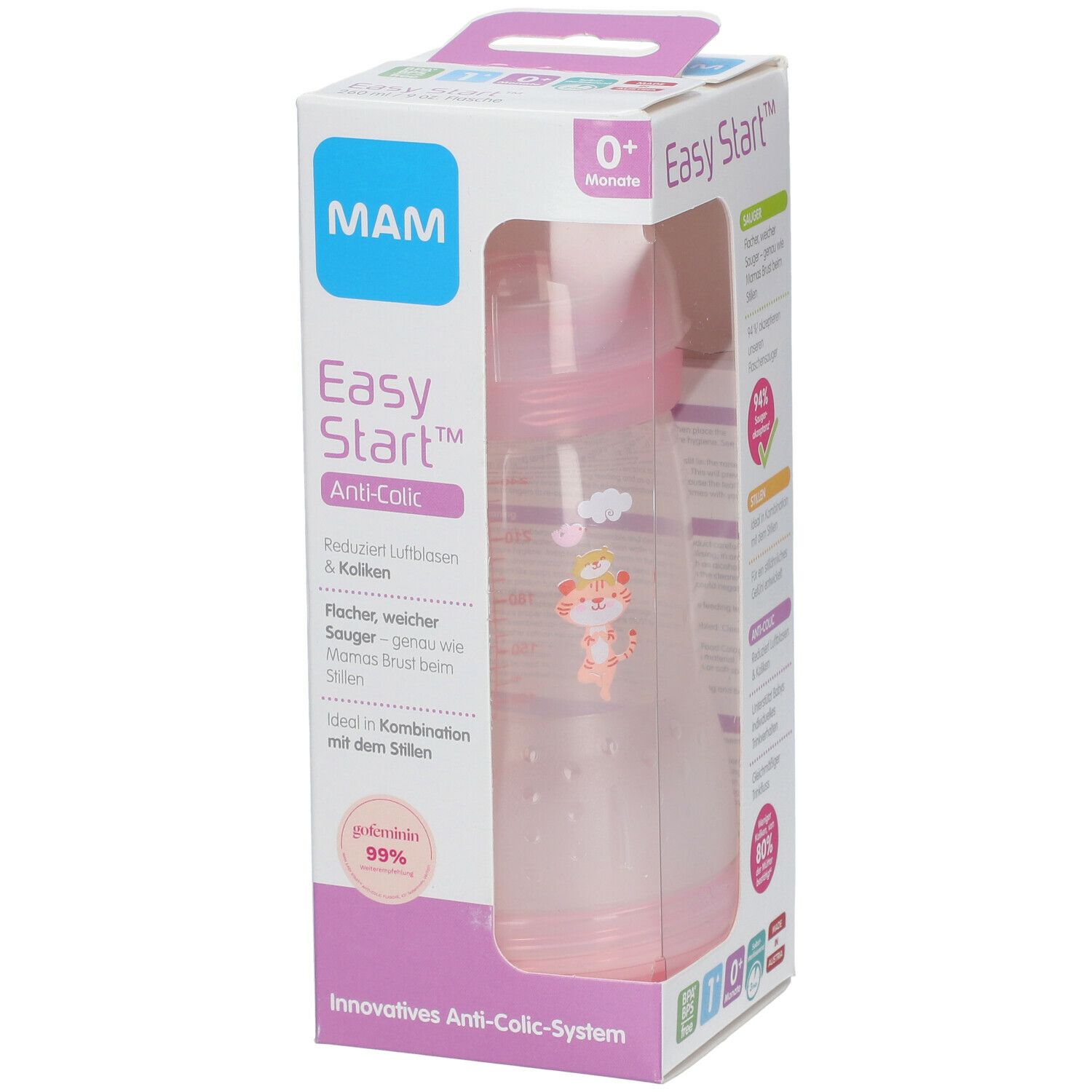 Rosa Babyflasche in Verpackung. Sichtbar: MAM Logo, Easy Start Anti-Colic, 0+ Monate. Flasche mit Tier-Dekor.