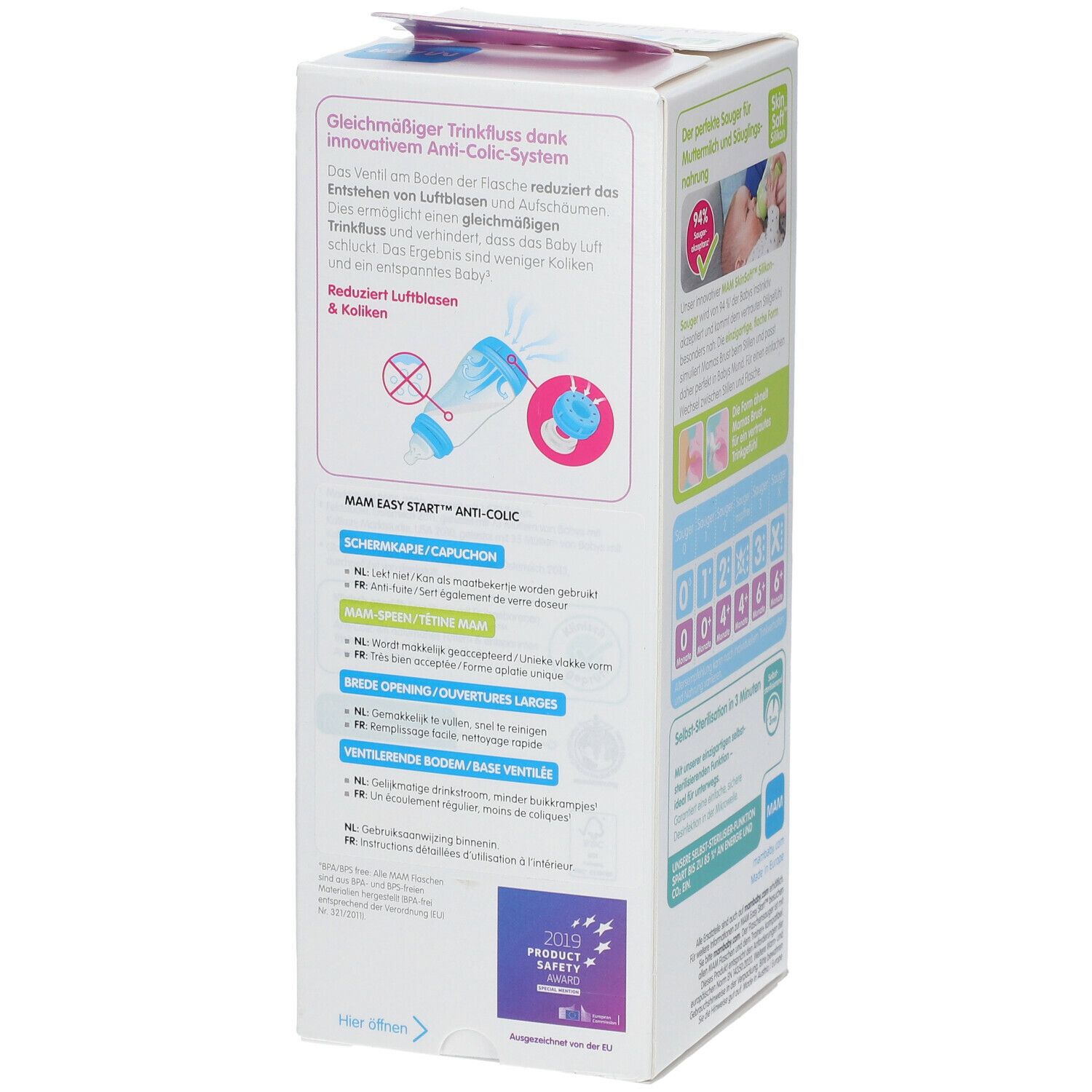 Rückseite der Verpackung. Illustrationen und Text zu Anti-Colic-System, reduziert Luftblasen & Koliken. MAM Easy Start Anti-Colic.