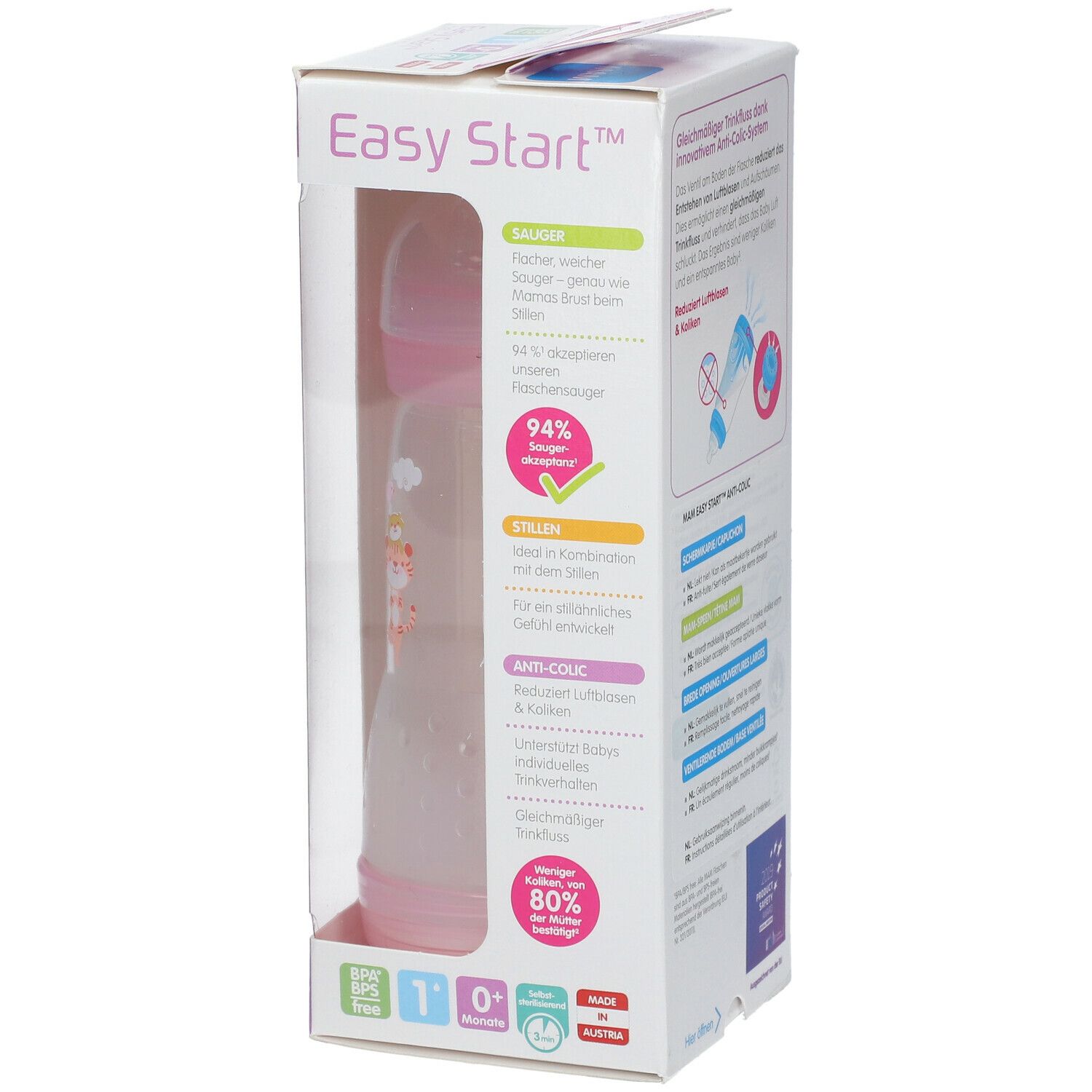 Verpackung mit Babyflasche. Text: Sauger, ideal in Kombination mit dem Stillen, 94% Akzeptanz. MAM Easy Start Anti-Colic.