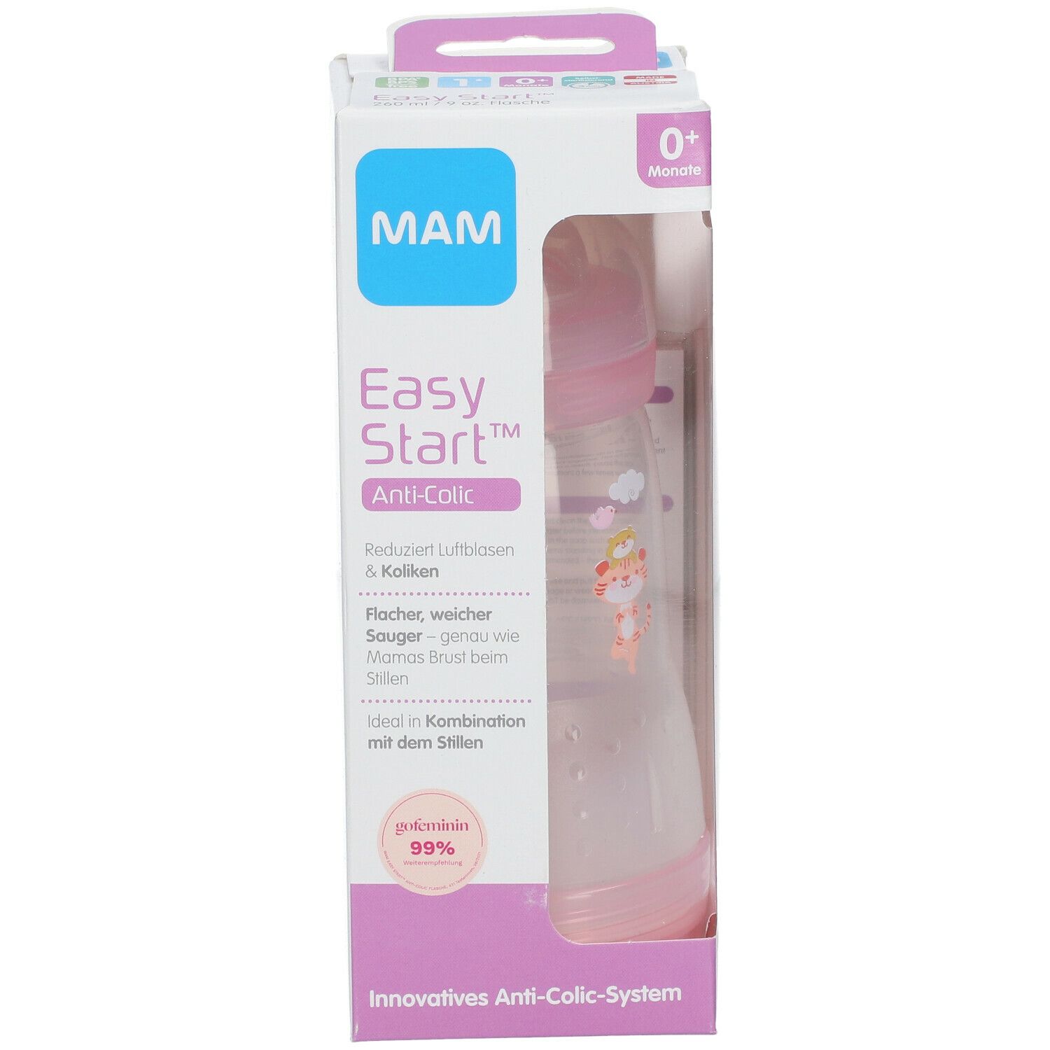 Babyflasche in Verpackung. Sichtbar: MAM Logo, Easy Start Anti-Colic, 0+ Monate. Flasche mit Tier-Dekor.