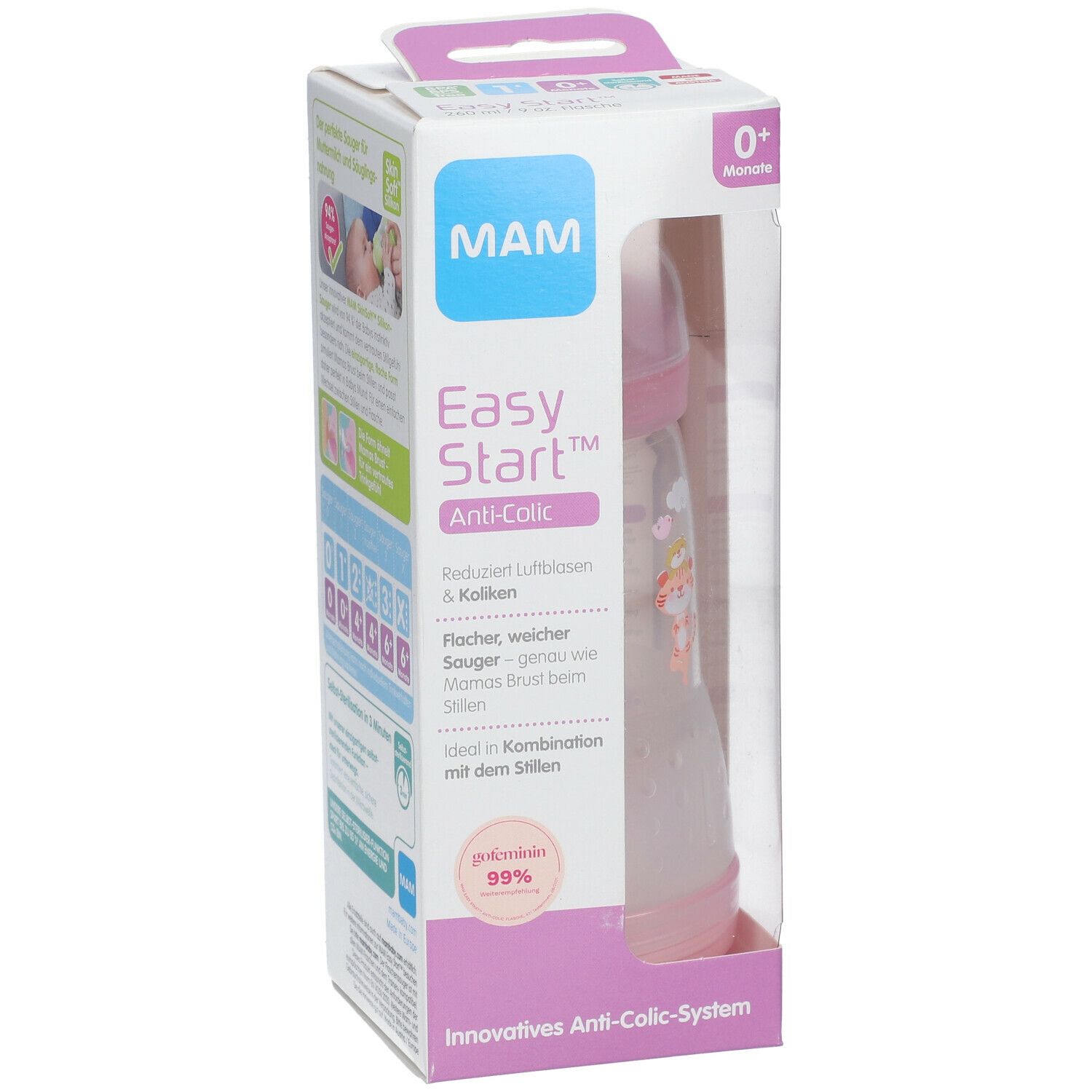 Babyflasche in Verpackung. Sichtbar: MAM Logo, Easy Start Anti-Colic, 0+ Monate. Flasche mit Tier-Dekor.