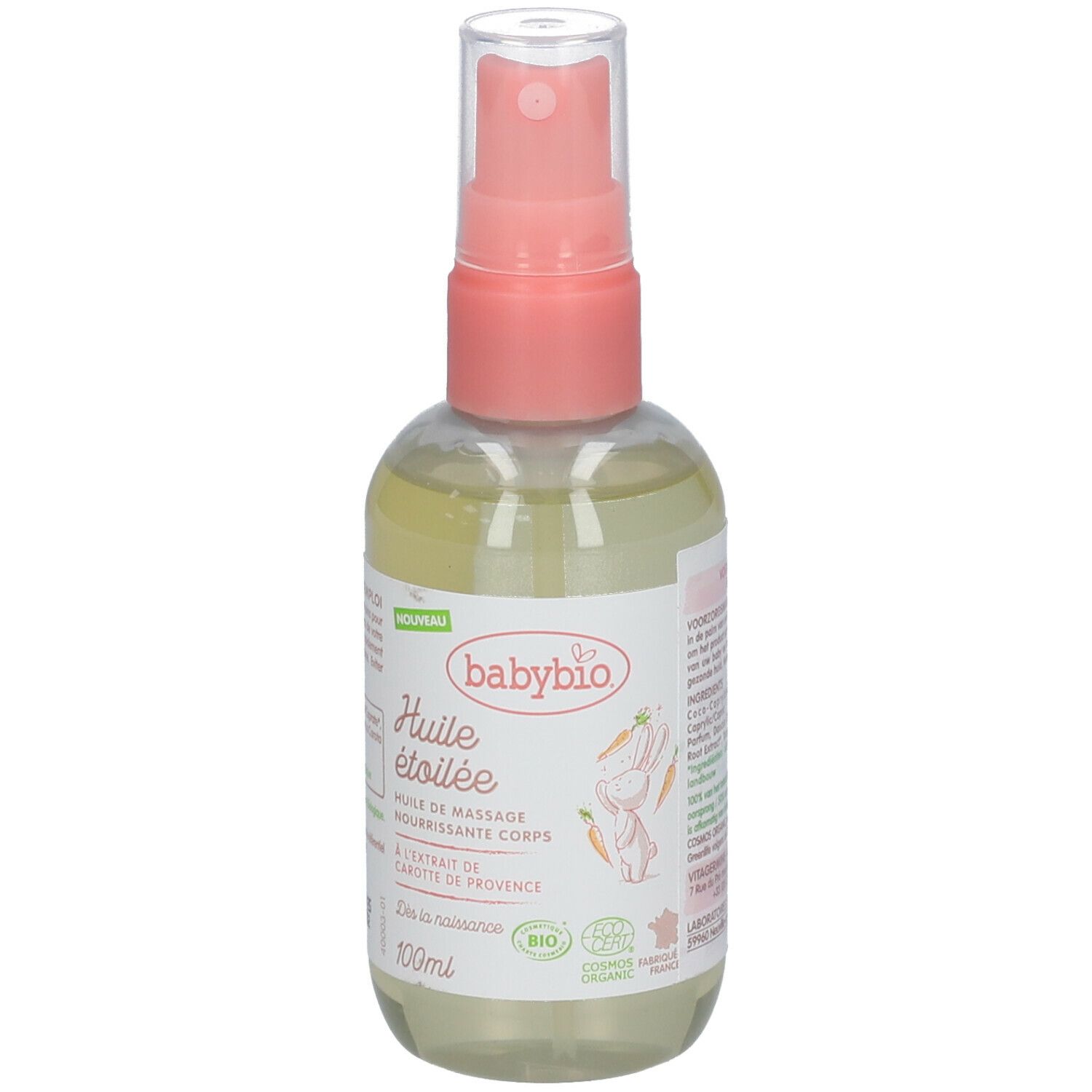 Transparante fles met roze verstuiver. Etiket met tekst en logo. Bevat een gelige vloeistof. Biologische certificering.