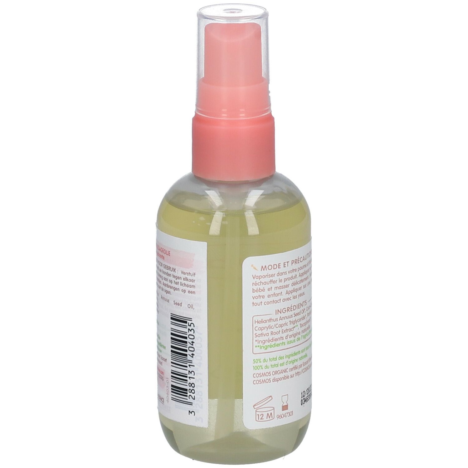 Achterkant van een transparante fles met roze verstuiver. Etiket met tekst en ingrediënten. Biologische certificering.