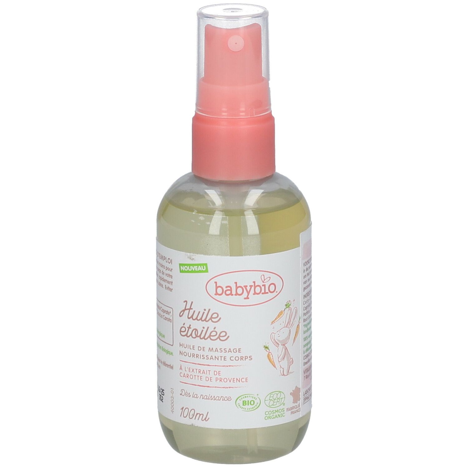 Transparante fles met roze verstuiver. Etiket met tekst en logo. Bevat een gelige vloeistof. Biologische certificering.