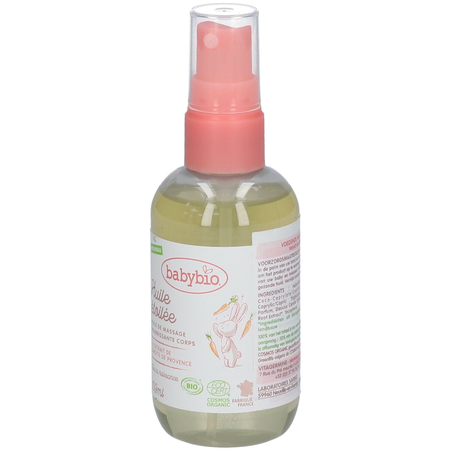 Transparante fles met roze verstuiver. Etiket met tekst en logo. Bevat een gelige vloeistof. Biologische certificering.
