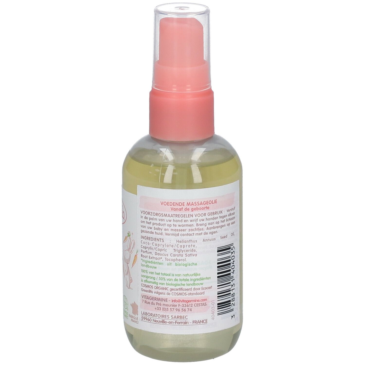 Achterkant van een transparante fles met roze verstuiver. Etiket met tekst en ingrediënten. Biologische certificering.